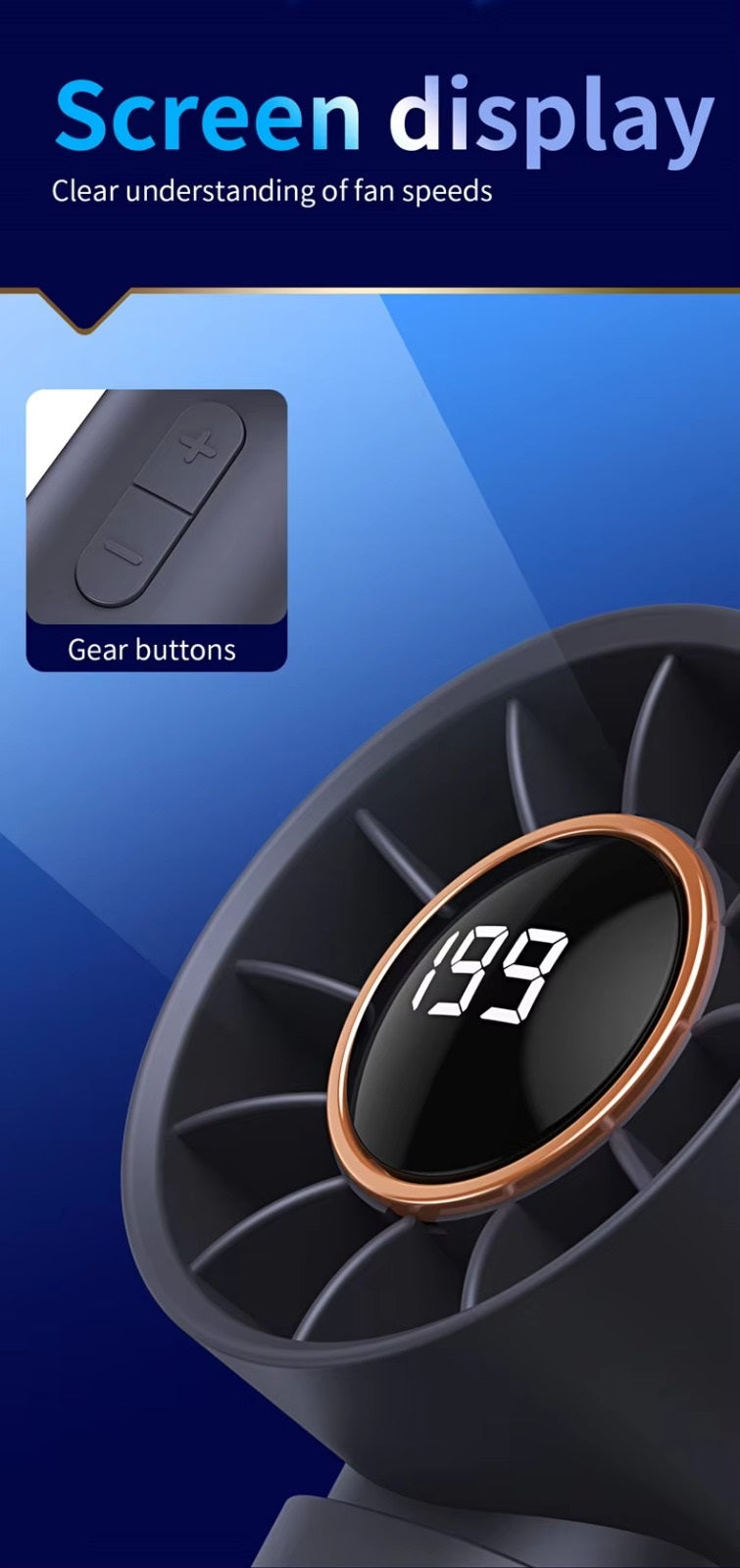 STARQ - Digital Power Display Rechargeable Cooling Mini Portable Handheld Small Fan Long Battery Life Small Office Fan (Grey)