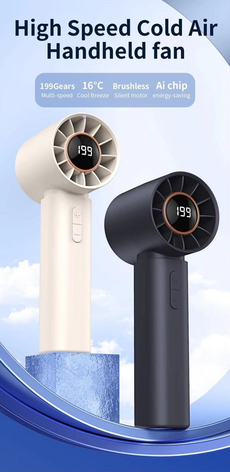 STARQ - Digital Power Display Rechargeable Cooling Mini Portable Handheld Small Fan Long Battery Life Small Office Fan (Beige)