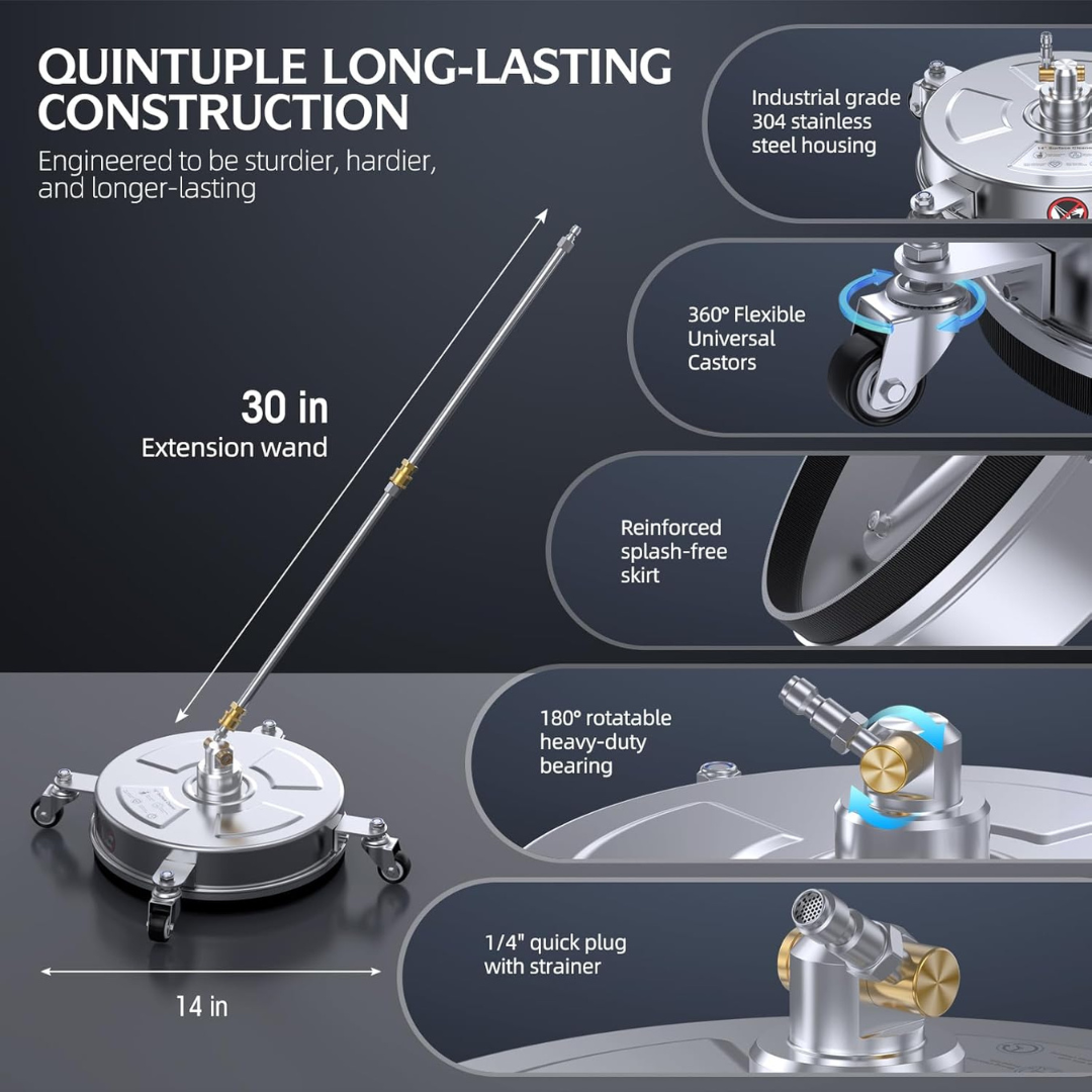 STARQ Stainless Steel Pressure Washer Surface Cleaner, 3/8" Fitting, with Yoke Handlebar, For Concrete Driveway Patio Floor