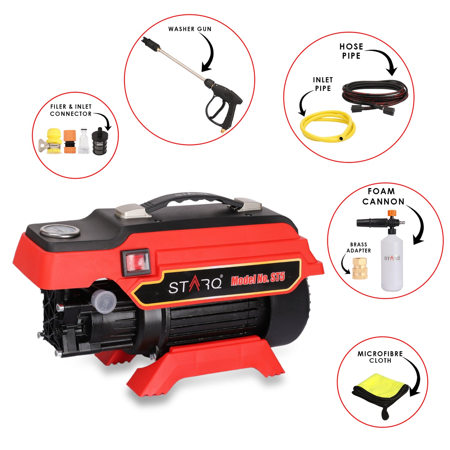 STARQ ST5 | 250 Bar 2500W | Heavy Duty High Pressure Washer for Car, Bike, Home | 1Ltr Professional Snow Foam Lance | Red