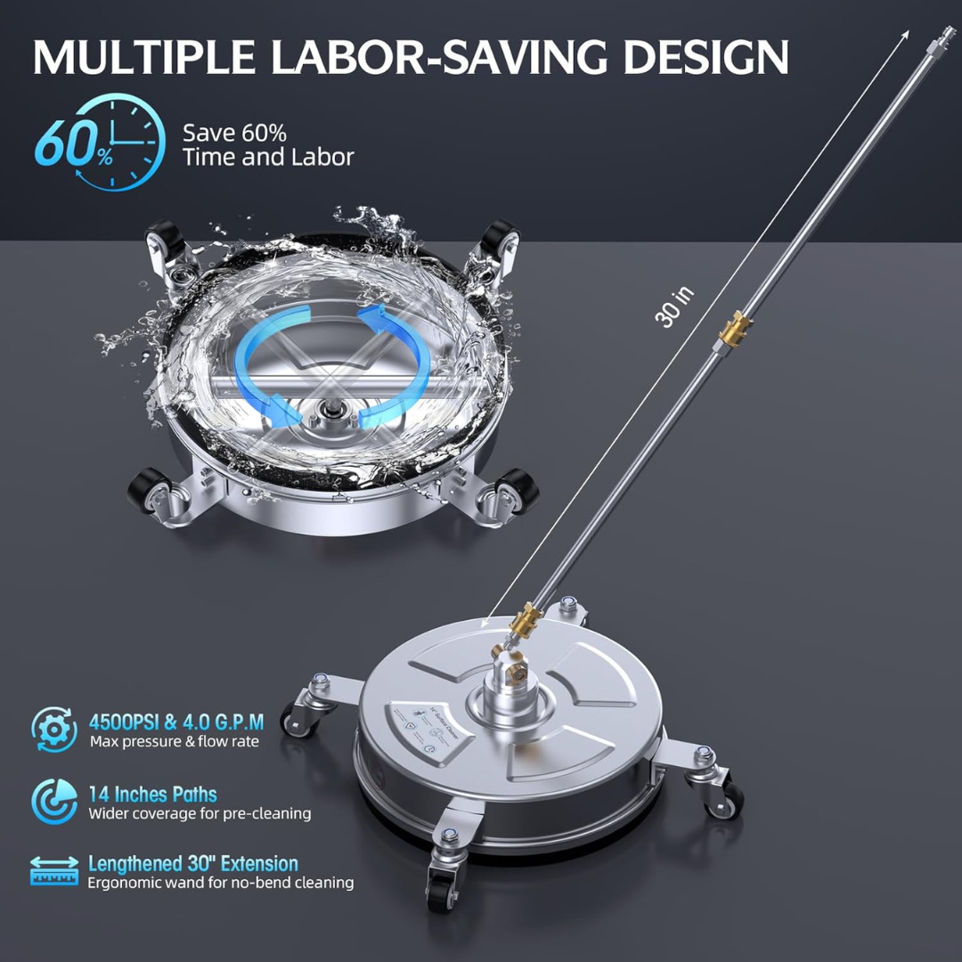 STARQ Stainless Steel Pressure Washer Surface Cleaner, 3/8" Fitting, with Yoke Handlebar, For Concrete Driveway Patio Floor