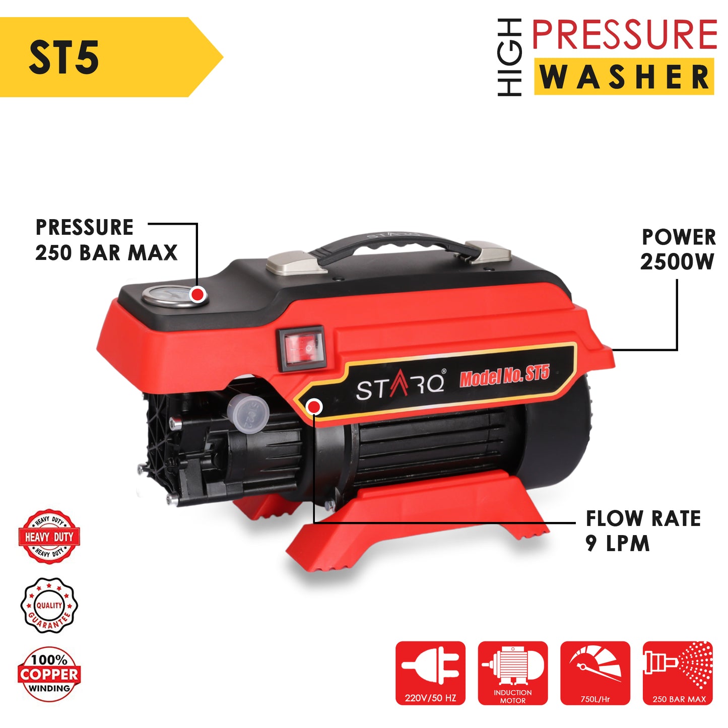 STARQ ST5 | 250 Bar 2500W | Heavy Duty High Pressure Washer for Car, Bike, Home | 1Ltr Professional Snow Foam Lance | Red