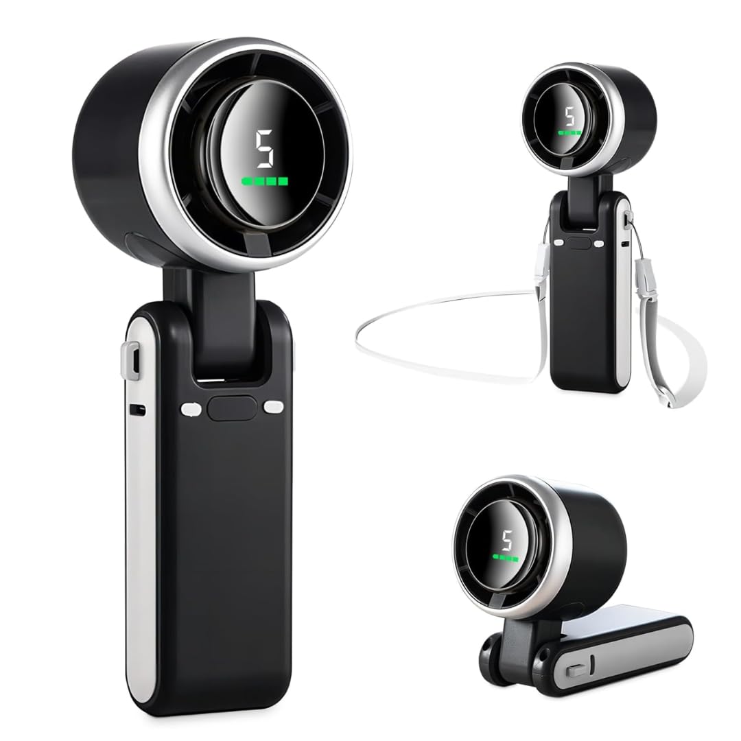 STARQ Portable Handheld Fan with LED Display, 5 Speed Adjustable Foldable Mini Desk Fan, 3600mAh USB Rechargeable Turbo Cooling Fan for Travel Outdoor Home Office Turbo-Fan (Colour As Per Availablity)