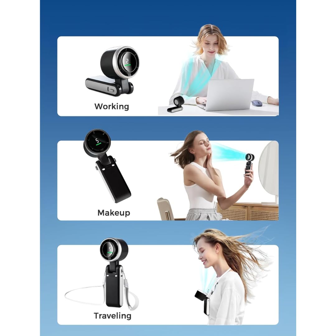STARQ Portable Handheld Fan with LED Display, 5 Speed Adjustable Foldable Mini Desk Fan, 3600mAh USB Rechargeable Turbo Cooling Fan for Travel Outdoor Home Office Turbo-Fan (Colour As Per Availablity)