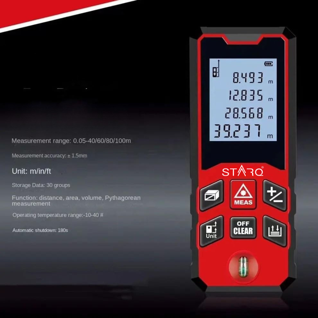 STARQ Laser Distance Meter, Range Digital Measuring Tape with Backlit Display & Data Record, Multiple Measurement Modes, Measure Distance, Area and Volume, IP54 Waterproof (100M)