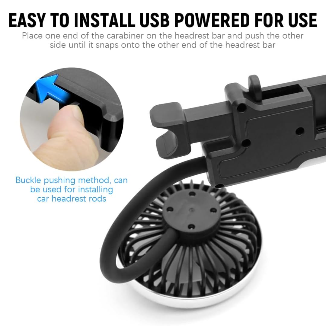 STARQ F310 Dual Head Car Fan USB with Flexible Hose, 360° Rotation, Silent Cooling with LED Light, 3-Speed Powerful Rear Seat Headrest Fan for Cars