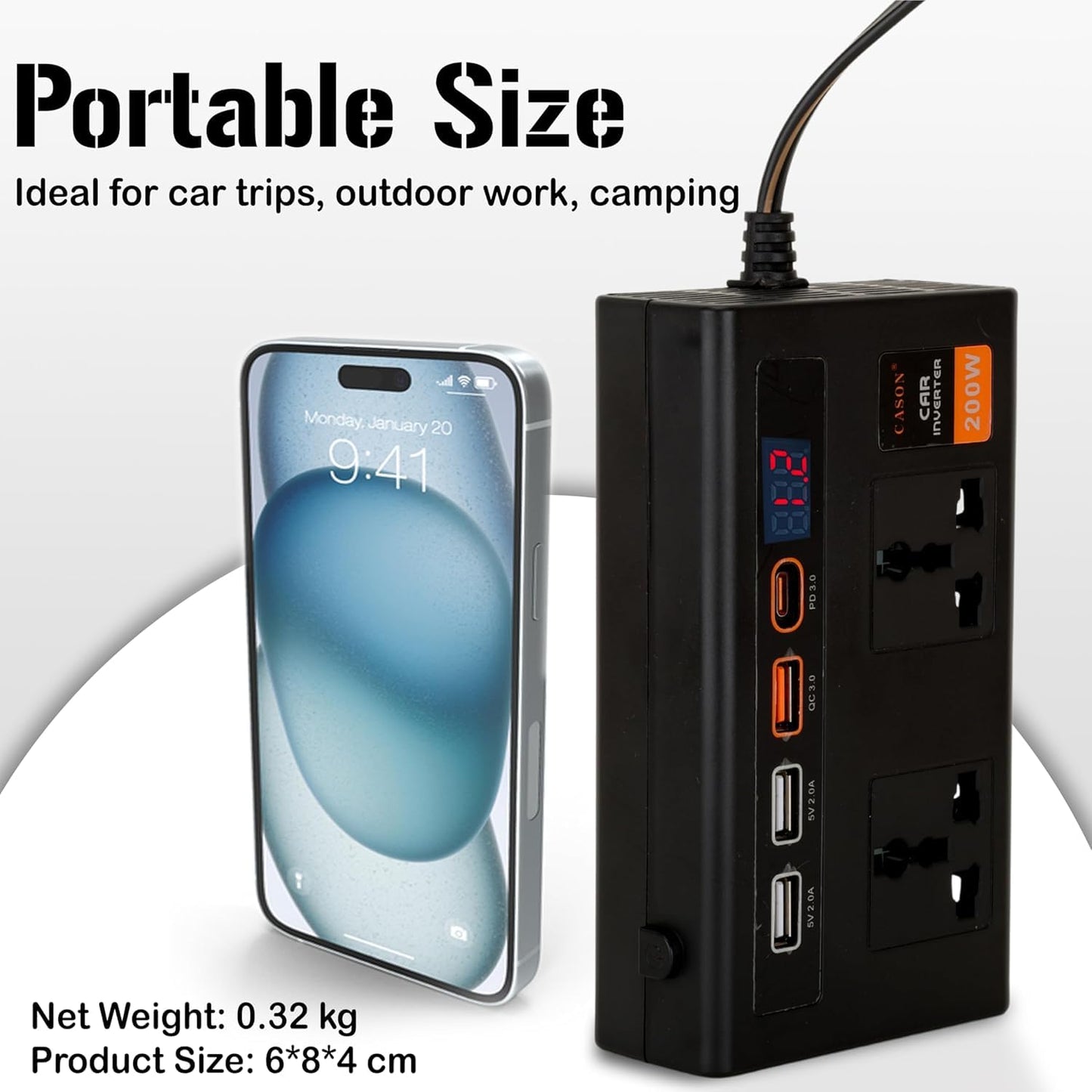 200W Car Laptop Charger/Power Inverter with 3 USB (3.1A Max) + 1 C Type(24 W PD) Smart USB Charging Ports, 12V DC to 220V AC, 2X Universal AC Outlet (Double-Plug)