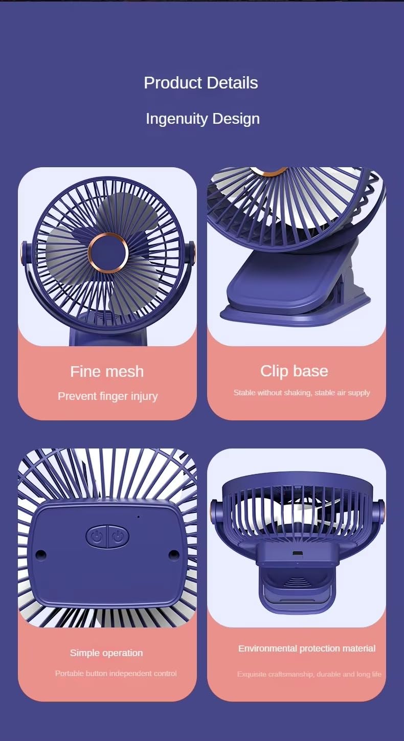 STARQ® Mini Desk Fan with 360° Rotation Mini Clip Fan USB Rechargeable Desk Fan With Adjustable Head and Strong Clamp (Pink)