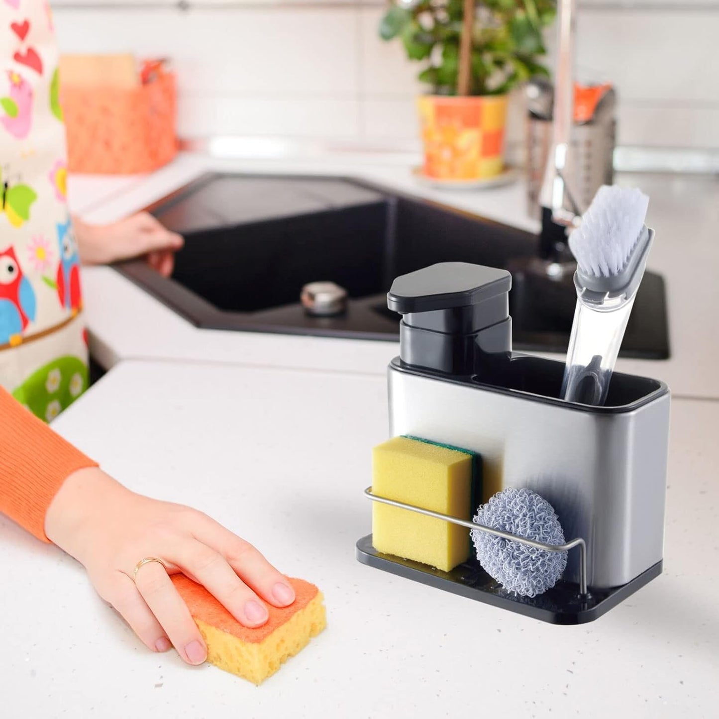 STARQ Kitchen Sink Caddy with Soap Dispenser, Non-Slip Kitchen Sink Cleaning Organiser with Sponge Holder & Brush Holder