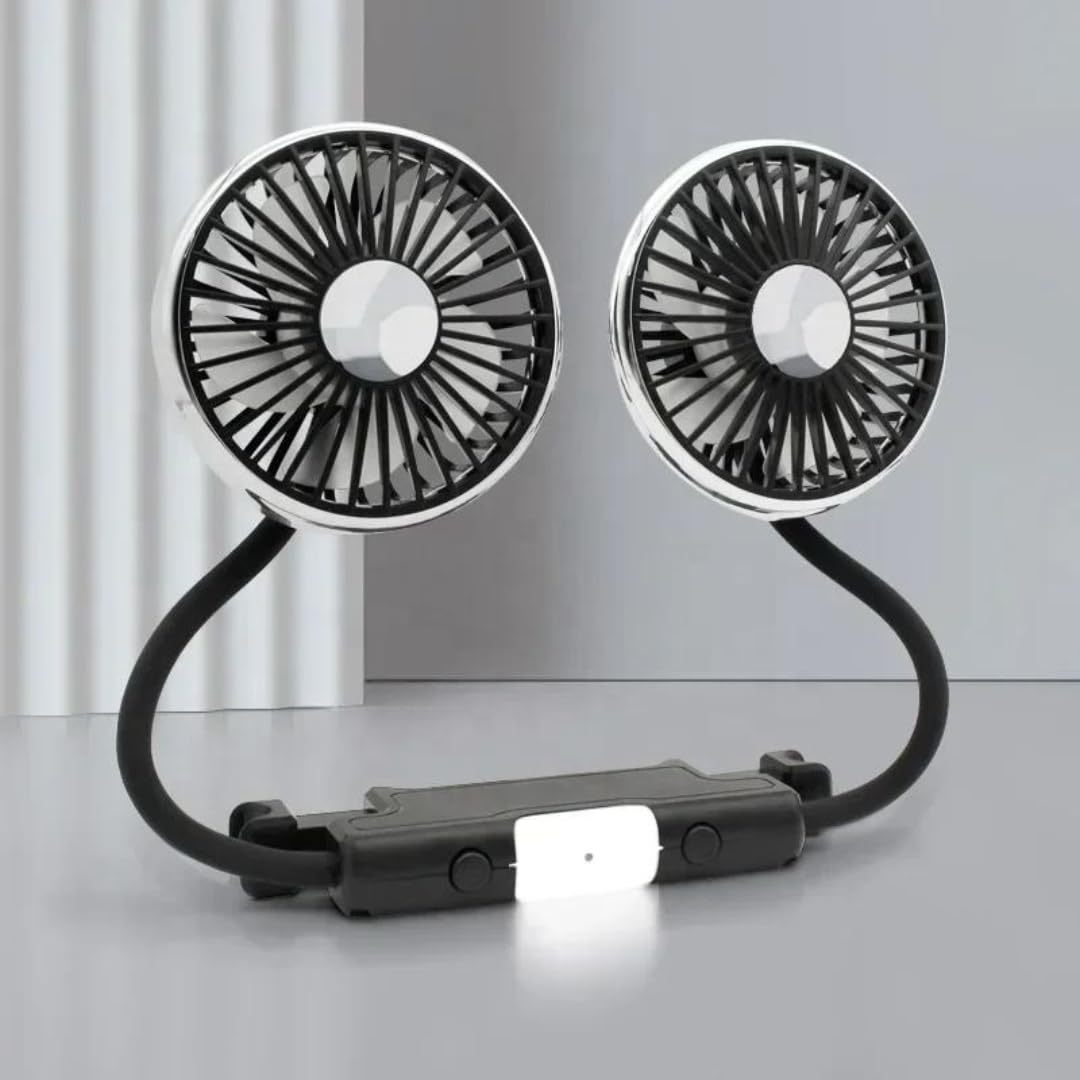 STARQ F310 Dual Head Car Fan USB with Flexible Hose, 360° Rotation, Silent Cooling with LED Light, 3-Speed Powerful Rear Seat Headrest Fan for Cars