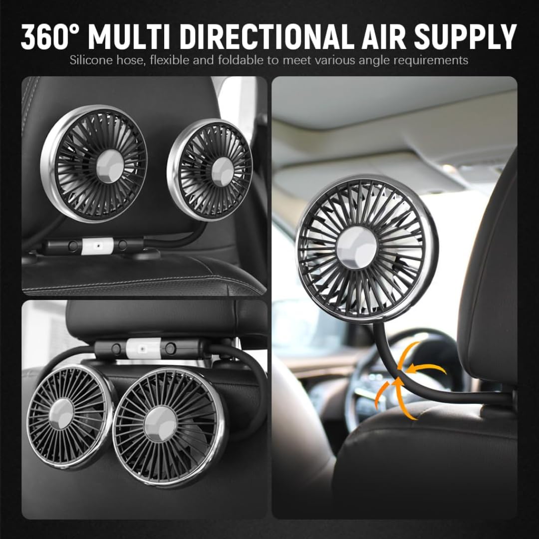 STARQ F310 Dual Head Car Fan USB with Flexible Hose, 360° Rotation, Silent Cooling with LED Light, 3-Speed Powerful Rear Seat Headrest Fan for Cars