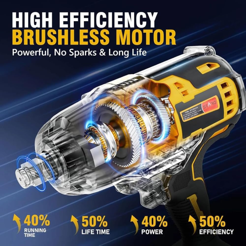 STARQ Heavy Duty 21V Cordless Impact Wrench with 2 Batteries | 2 Variable Speed | Build-In LED Lights | Forward & ReverseSwitch | Yellow (Wrench-combo)