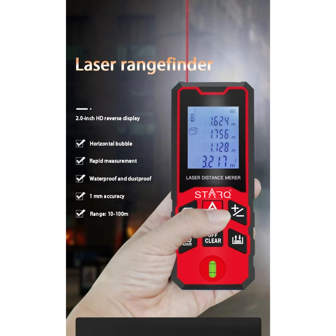 STARQ Laser Distance Meter, 40M Range Digital Measuring Tape with Backlit Display & Data Record, Multiple Measurement Modes, Measure Distance, Area and Volume, IP54 Waterproof (40m)