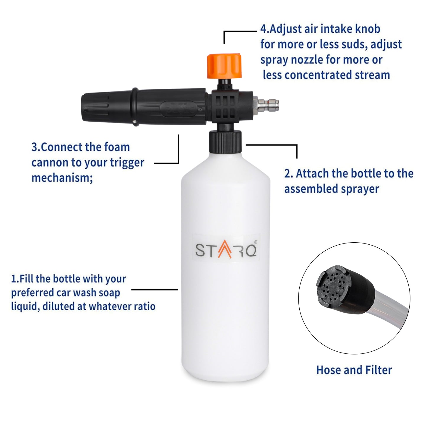 STARQ BLACK  1 Ltr Professional Snow Foam Lance/Canon with 1/4" Quick Connector Foam Blaster for Pressure Washer