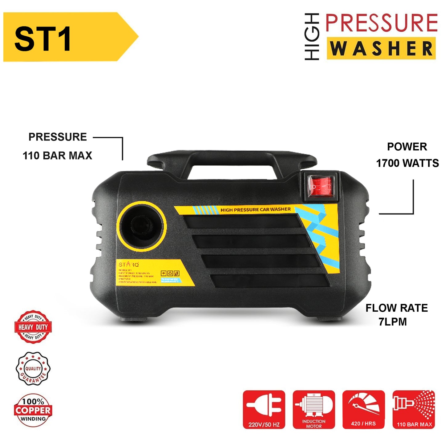 STARQ ST1 | 110 Bar 1700W | Heavy Duty High Pressure Washer for Car, Bike, Home | Pressure Adjustable | Red