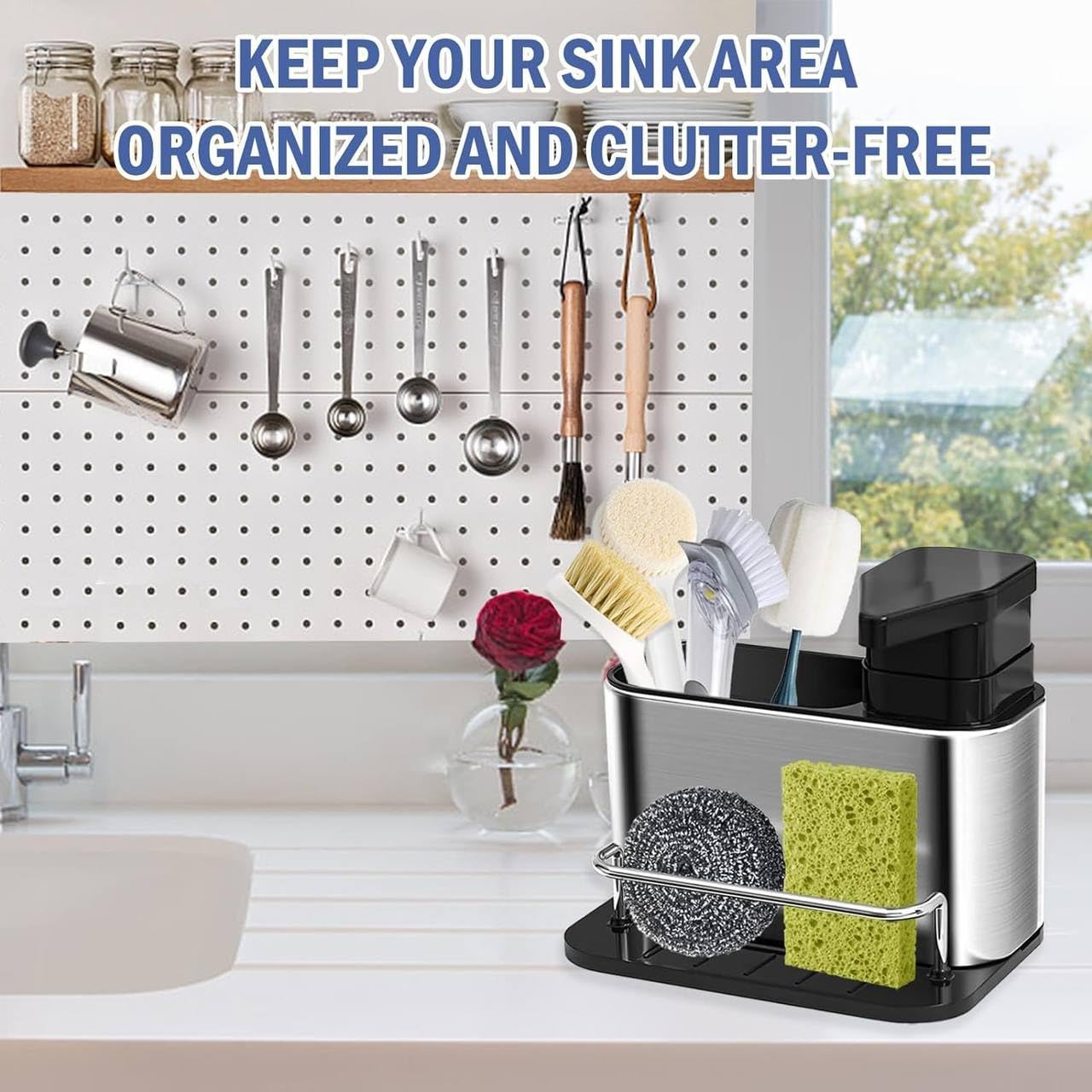 STARQ Kitchen Sink Caddy with Soap Dispenser, Non-Slip Kitchen Sink Cleaning Organiser with Sponge Holder & Brush Holder