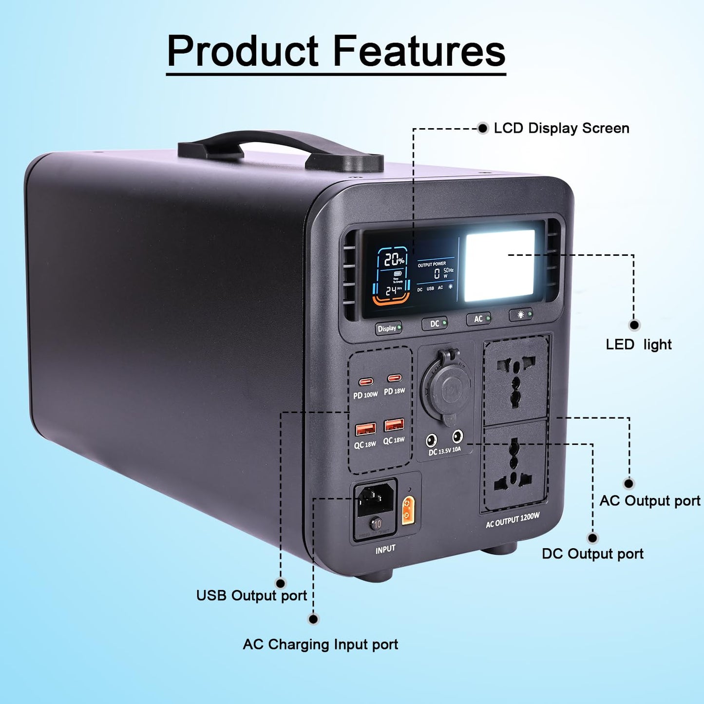STARQ S1200 Portable Power Station LiFePo4 Battery 1200W AC USB & Type C Output Solar Generator with LED light for Outdoor Camping Fishing Emergency RV (Black)