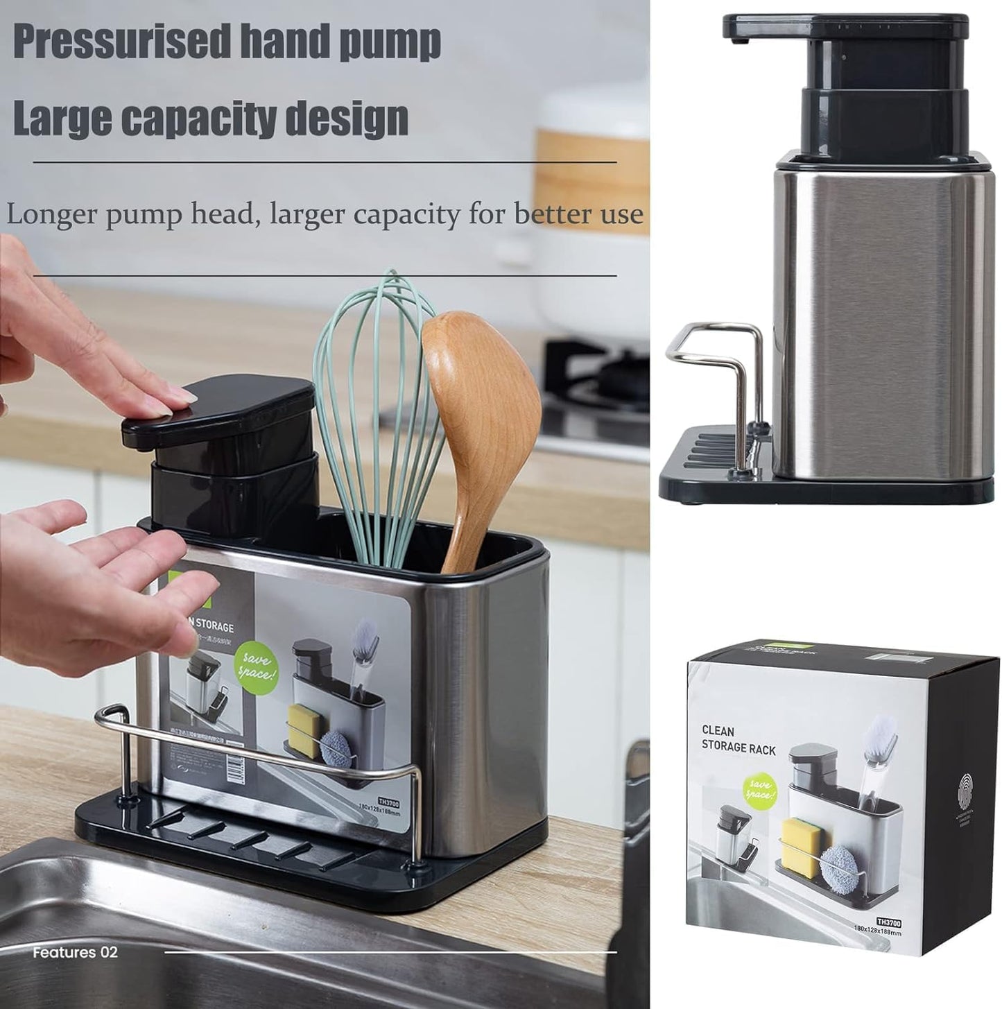 STARQ Kitchen Sink Caddy with Soap Dispenser, Non-Slip Kitchen Sink Cleaning Organiser with Sponge Holder & Brush Holder