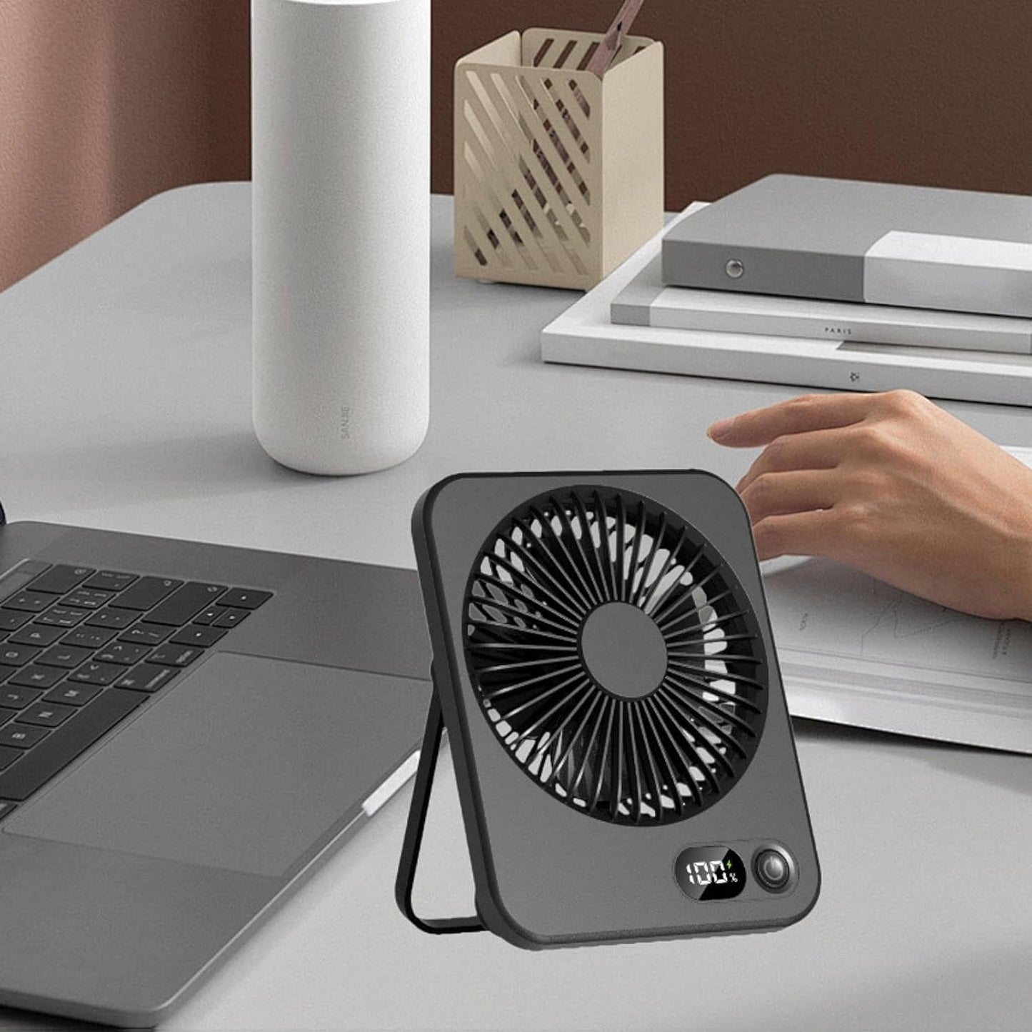 STARQ Mini Portable table Fan, Powerful Hand Fan 5 Speed 1200 mah Personal Desk Fan with Base, Lightweight Rechargeable USB Handheld Fan for Girl, Women, Men, Indoor, Outdoor (Black)
