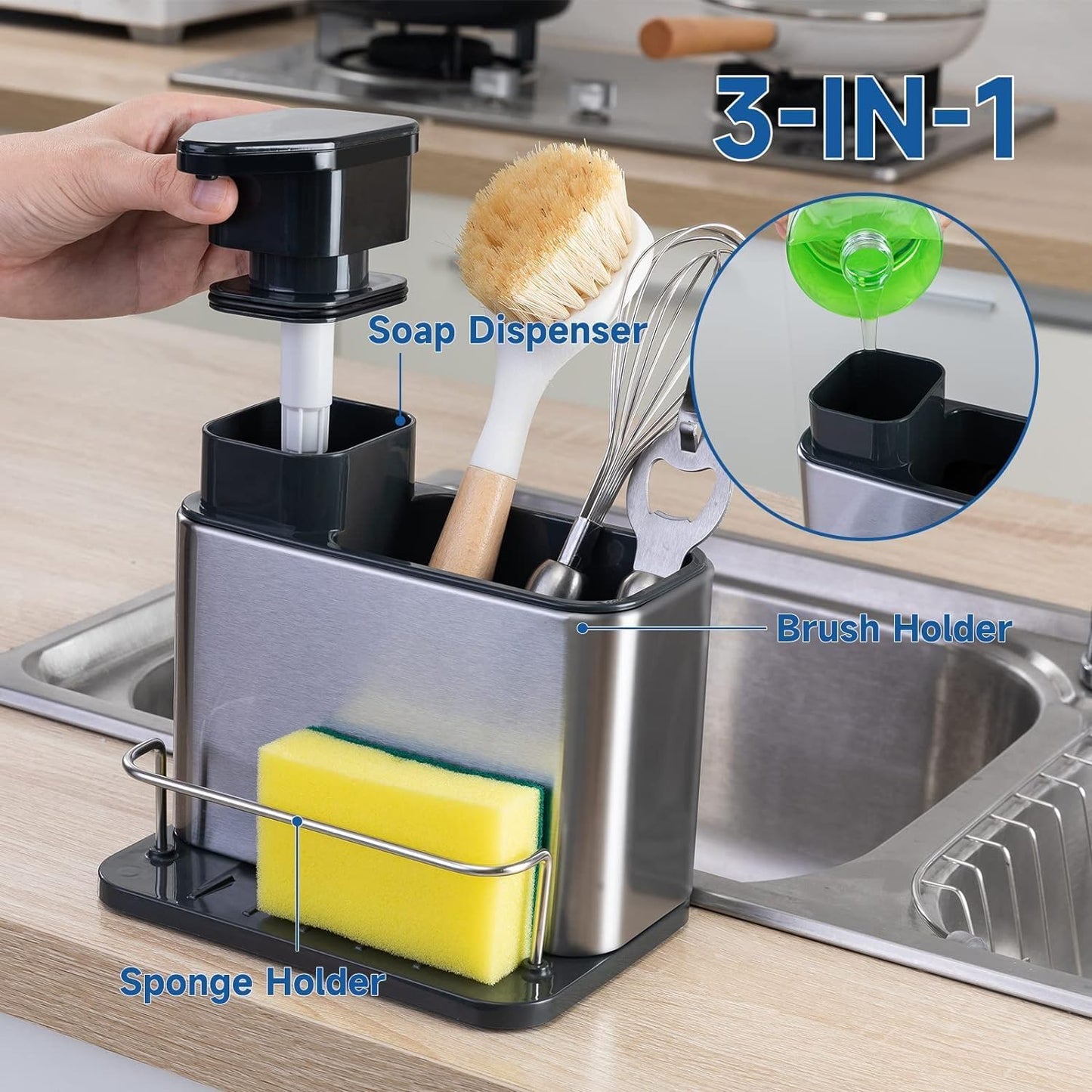 STARQ Kitchen Sink Caddy with Soap Dispenser, Non-Slip Kitchen Sink Cleaning Organiser with Sponge Holder & Brush Holder
