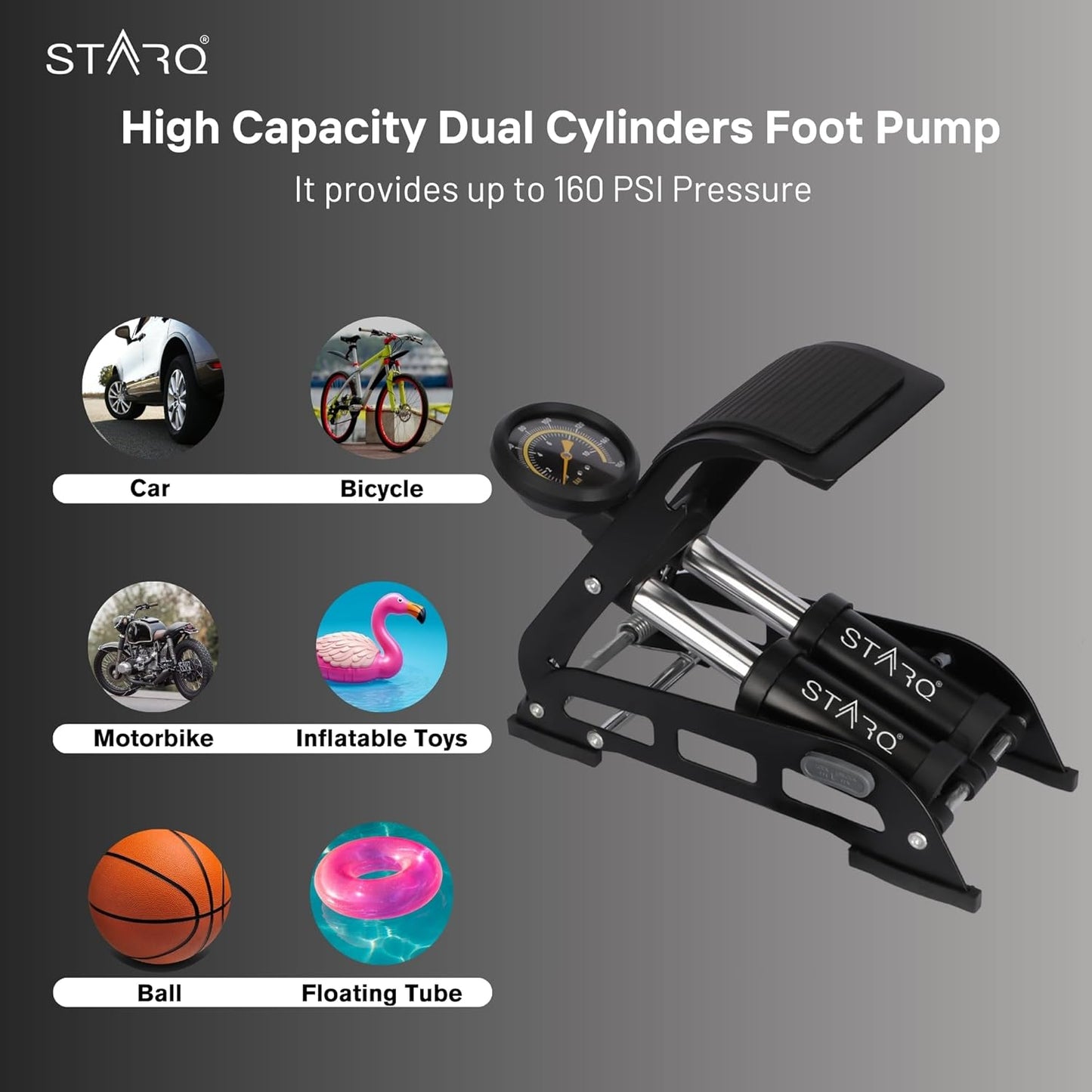 STARQ 160 PSI Double Cylinder Portable High Pressure Foot Air Pump Compressor for Car And Bike Air Pump for Motorbike, Cars, Bicycle For Football, Cycle Pumps For Bicycle,