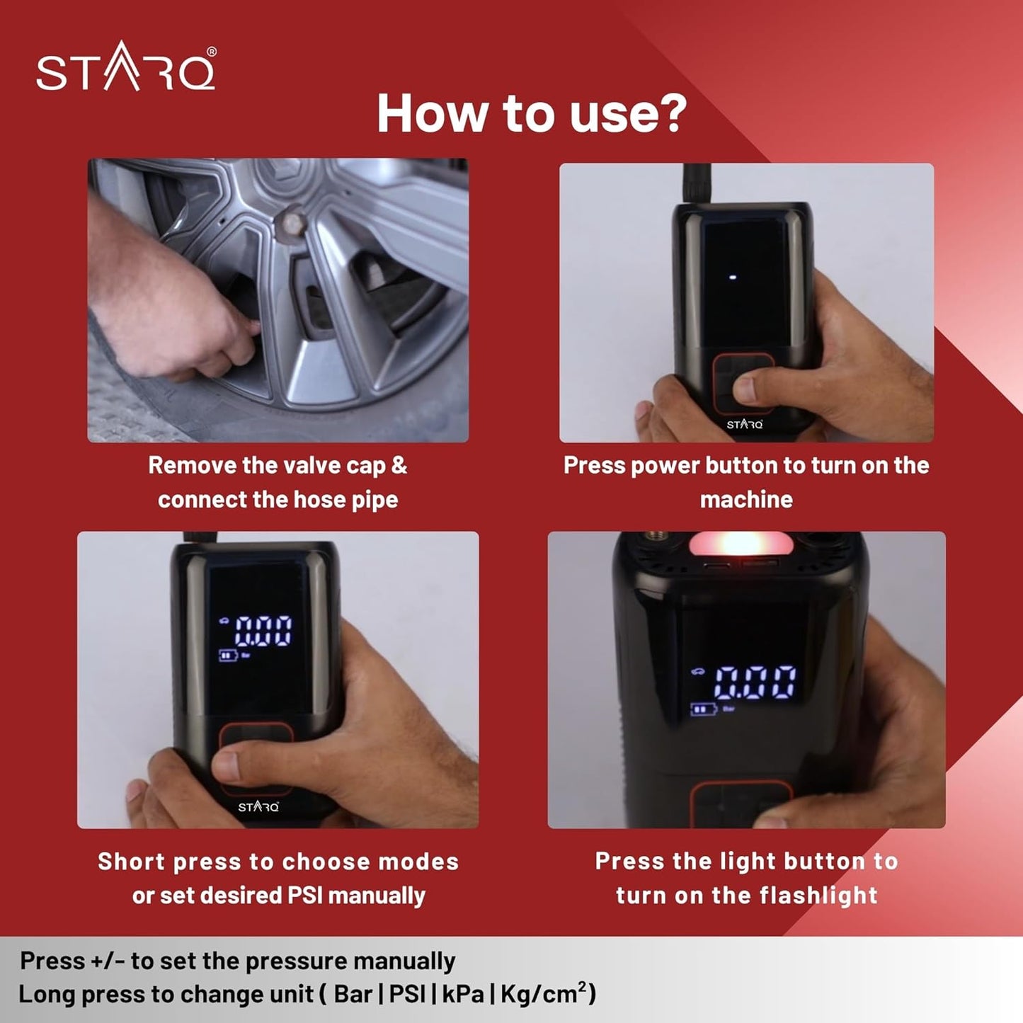 STARQ Inflate Pro Portable/Cordless Tyre Inflator/Air Compressor with Digital Display|4000mAh Battery|for Cars, Motorcycles, Bicycles, Football| Upto 150 Psi| Flash Light|Power Bank (Inflate Pro)