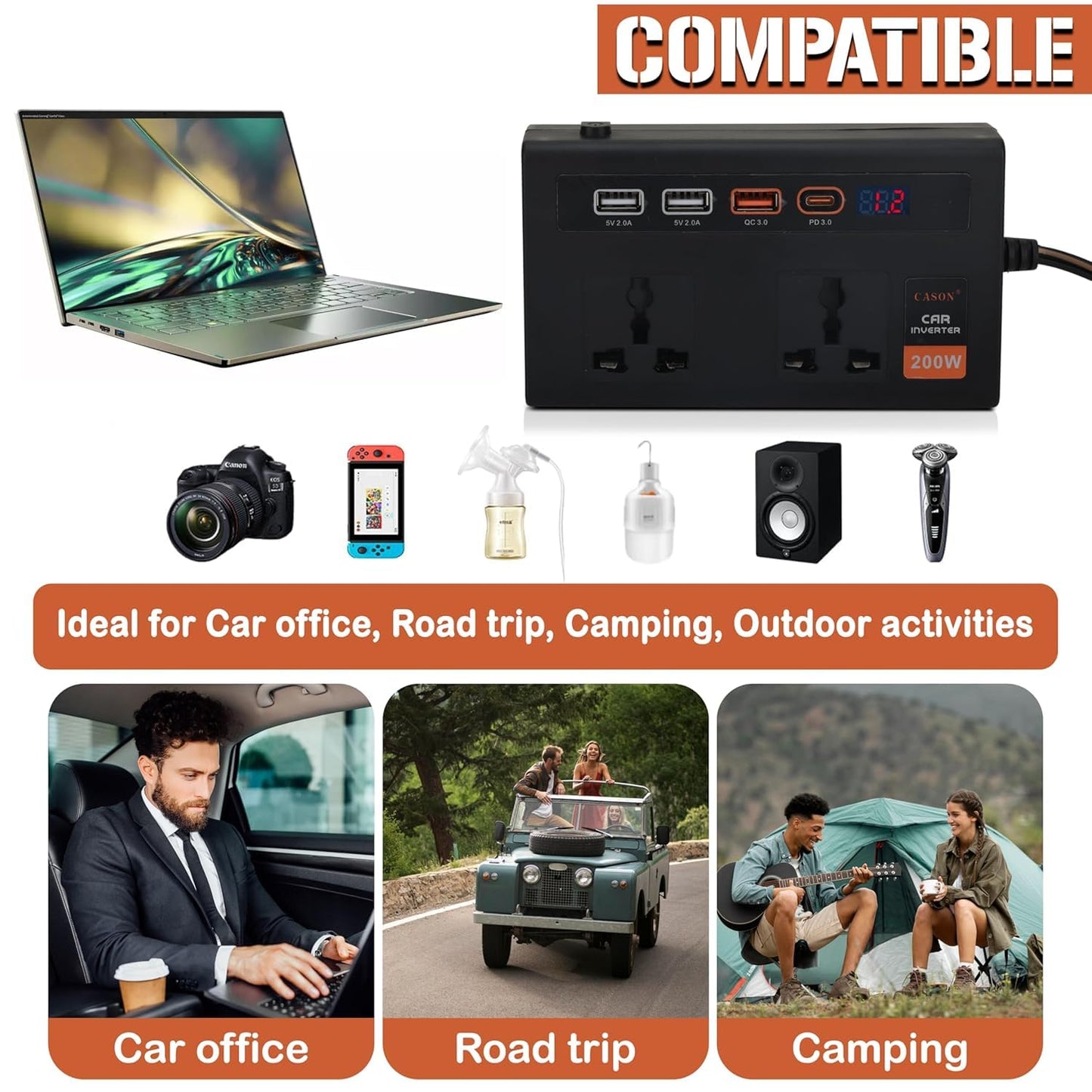 200W Car Laptop Charger/Power Inverter with 3 USB (3.1A Max) + 1 C Type(24 W PD) Smart USB Charging Ports, 12V DC to 220V AC, 2X Universal AC Outlet (Double-Plug)