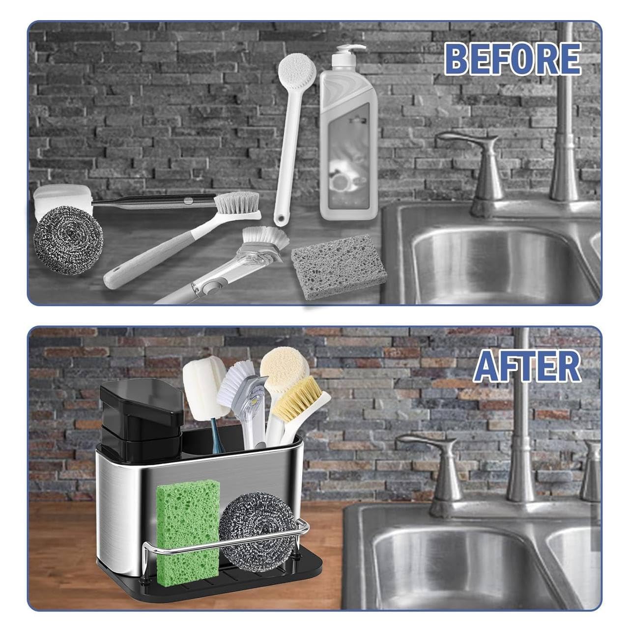 STARQ Kitchen Sink Caddy with Soap Dispenser, Non-Slip Kitchen Sink Cleaning Organiser with Sponge Holder & Brush Holder