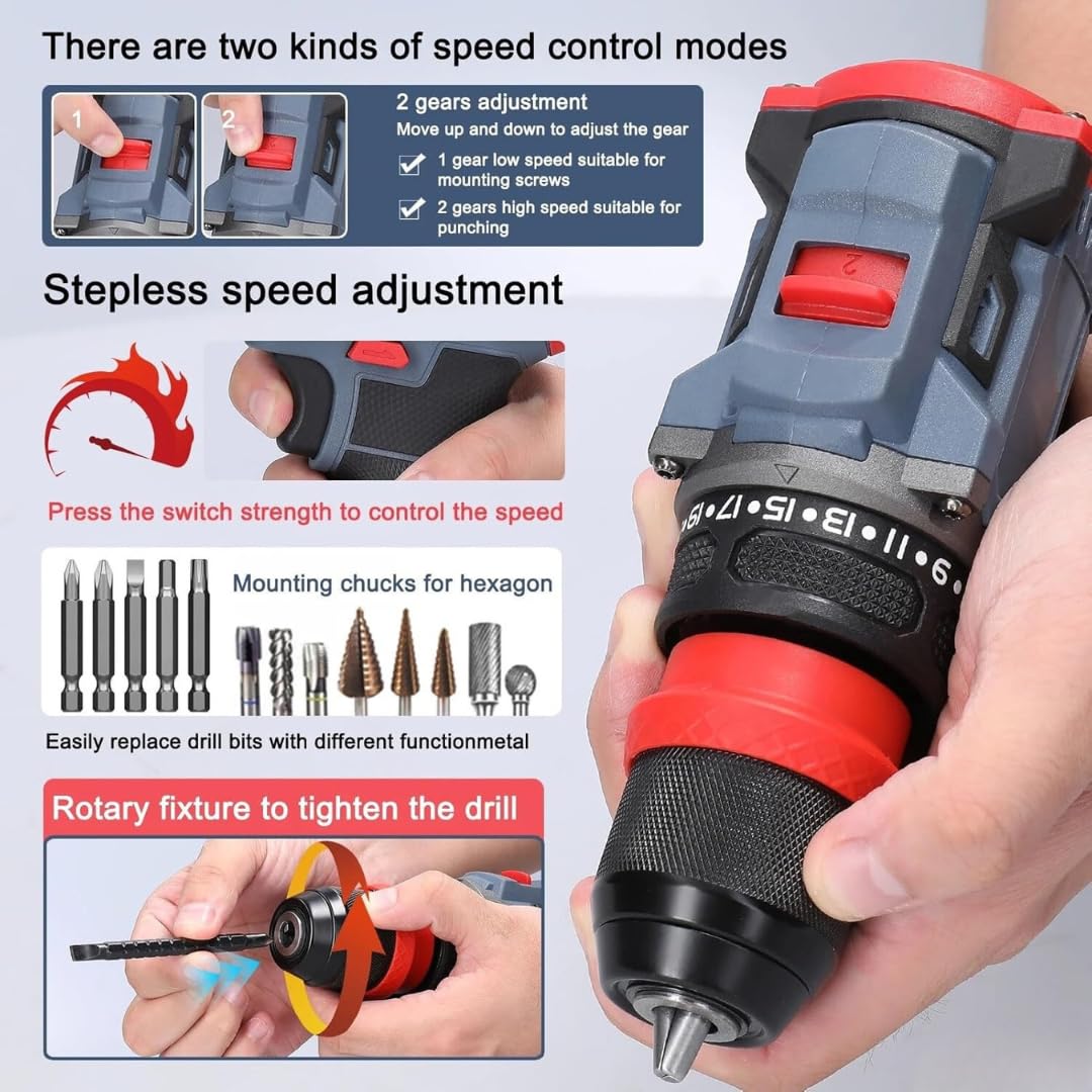 18V Cordless Drill Machine Max 50Nm Torque 1600Rpm Speed 10Mm Keyless Chuck 18+1 Clutch Led Light 2.0Ah Li-Ion Battery Fast Charger