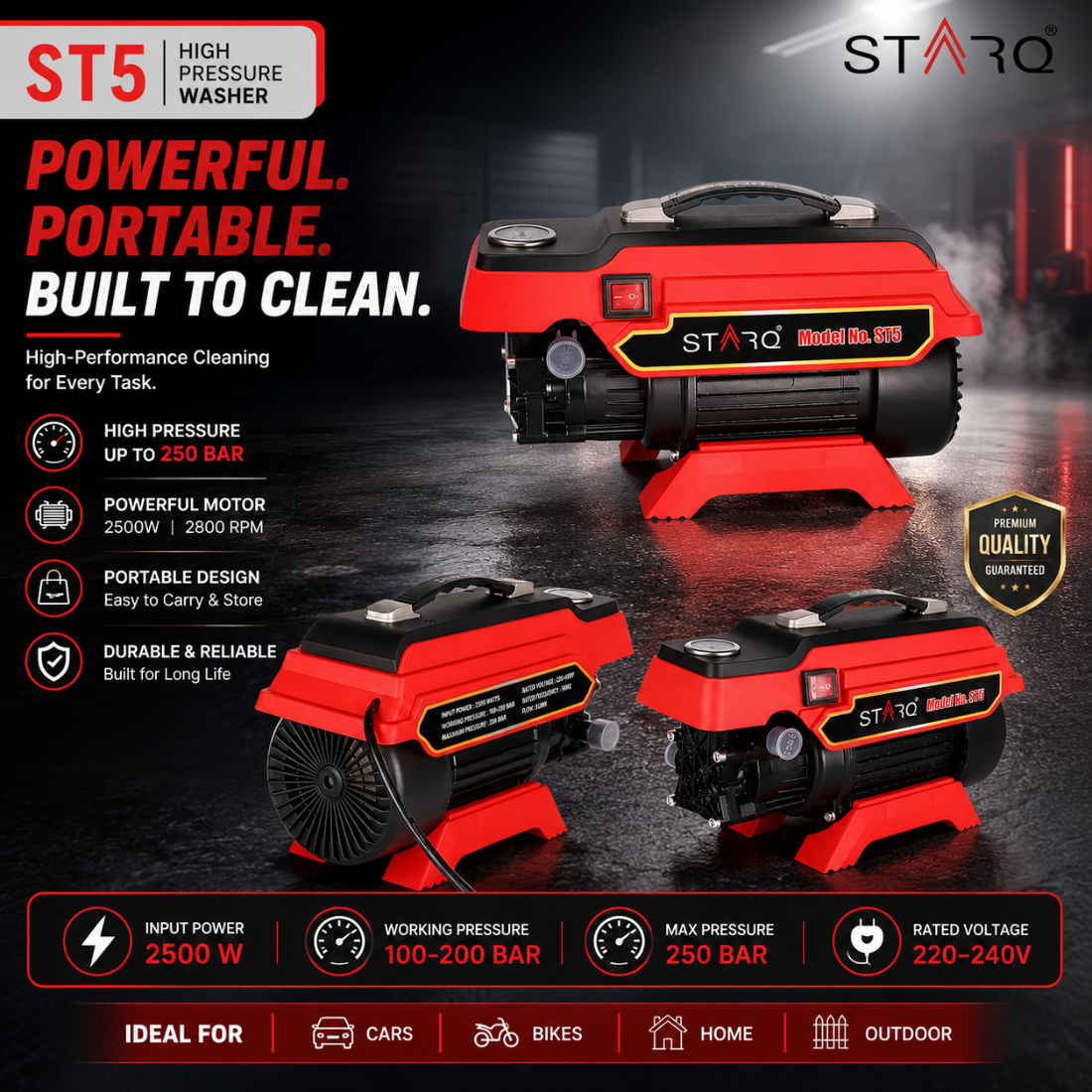 STARQ ST5 | 250 Bar 2500W | Heavy Duty High Pressure Washer for Car, Bike, Home | 1Ltr Professional Snow Foam Lance | Red