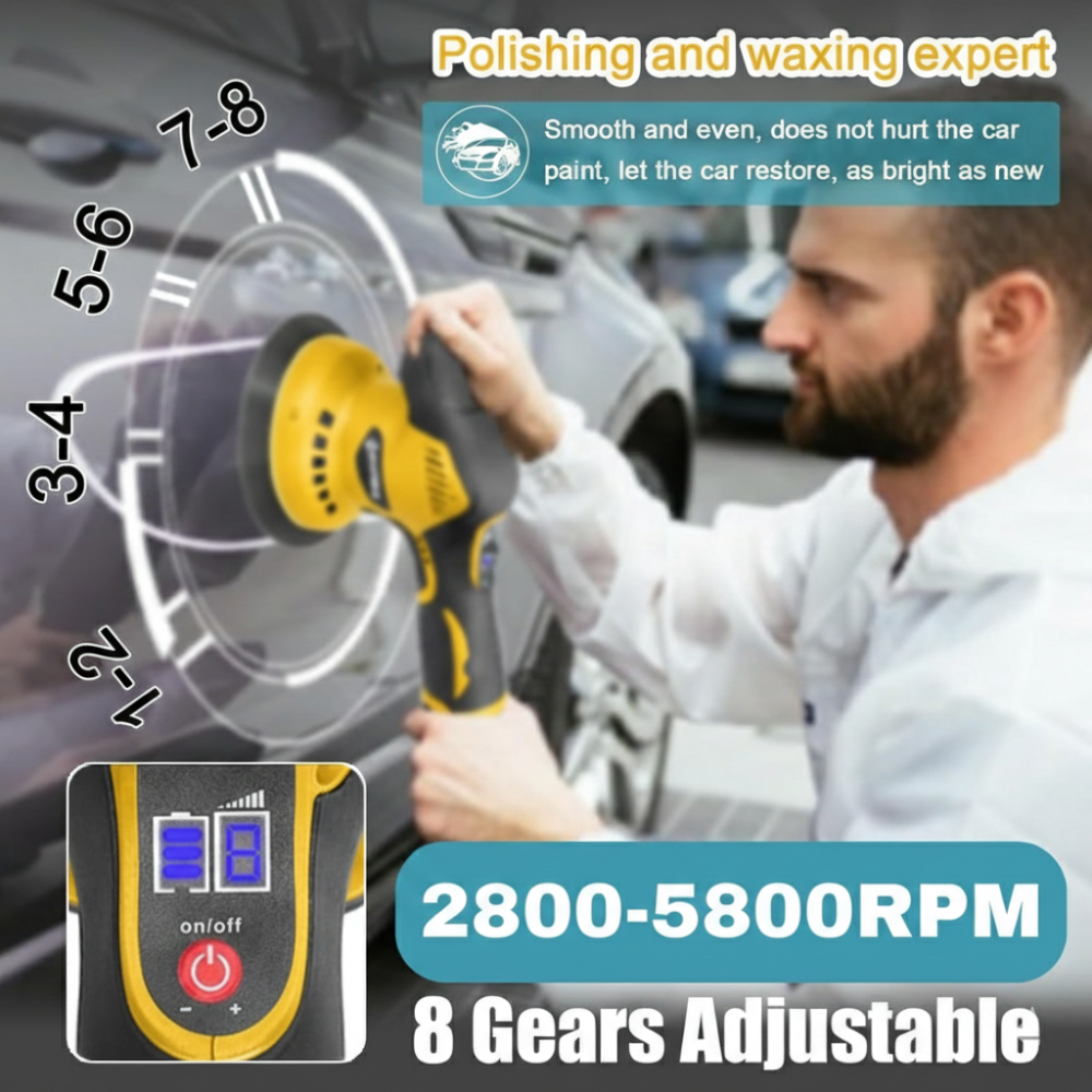 STARQ Cordless Polishing Machine for Car , 12V Cordless, 8 Speed Setting, Variable Speed Control, 2800-5800 RPM, 3500mAh Rechargeable 2 Batteries, Car Polish Machine