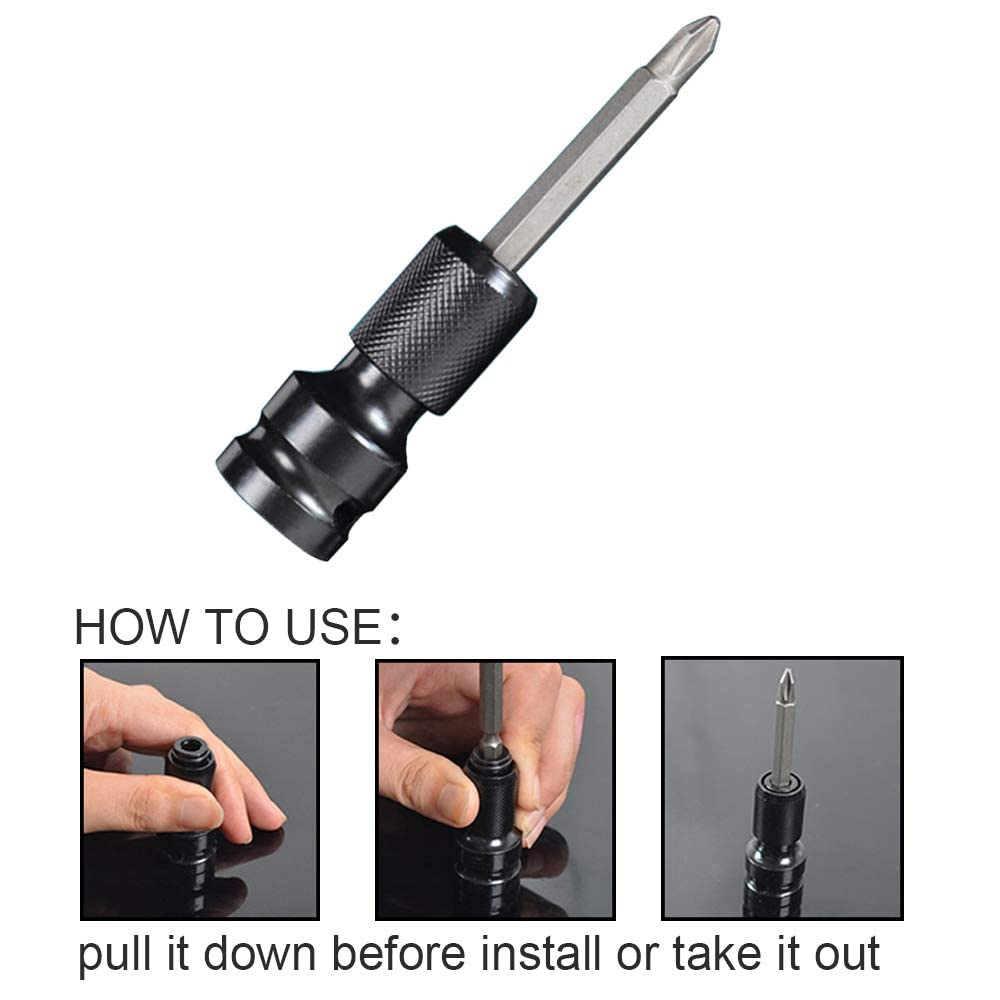 STARQ 1/2 Inch Square Drive To 1/4 Inch Hex Female Socket Adapter Quick Release Chuck Converter Drill Chucks Adaptor Conversion For Impact And Ratchet Wrench SD With Ring & Rod included