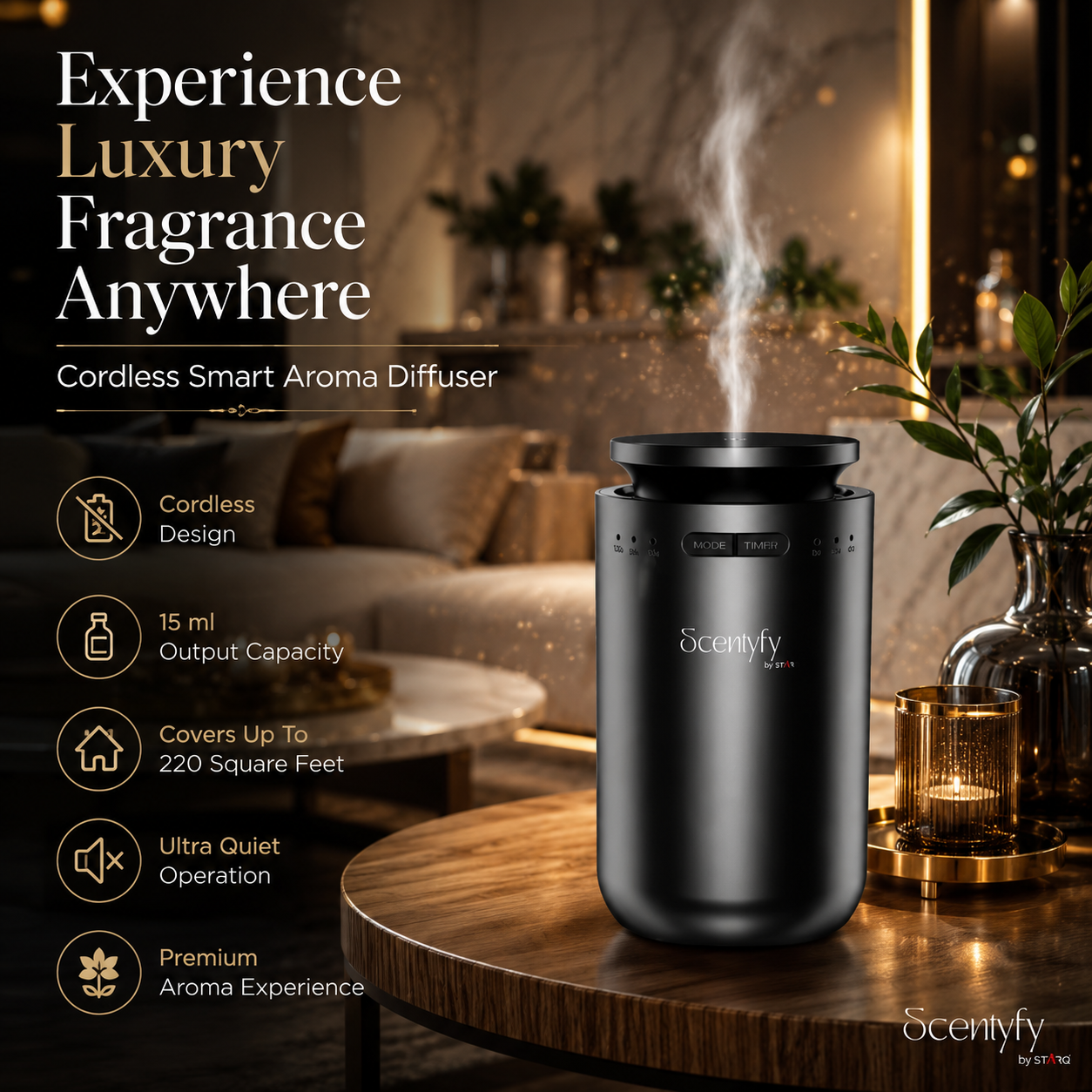 STARQ Pulse Smart Air Scent Diffuser Waterless Aroma Machine with Cold Atomization Ultra Quiet No Heat Technology for Office Home Gym & Hotel Includes Complimentary 15ml Starter Pack Perfumes