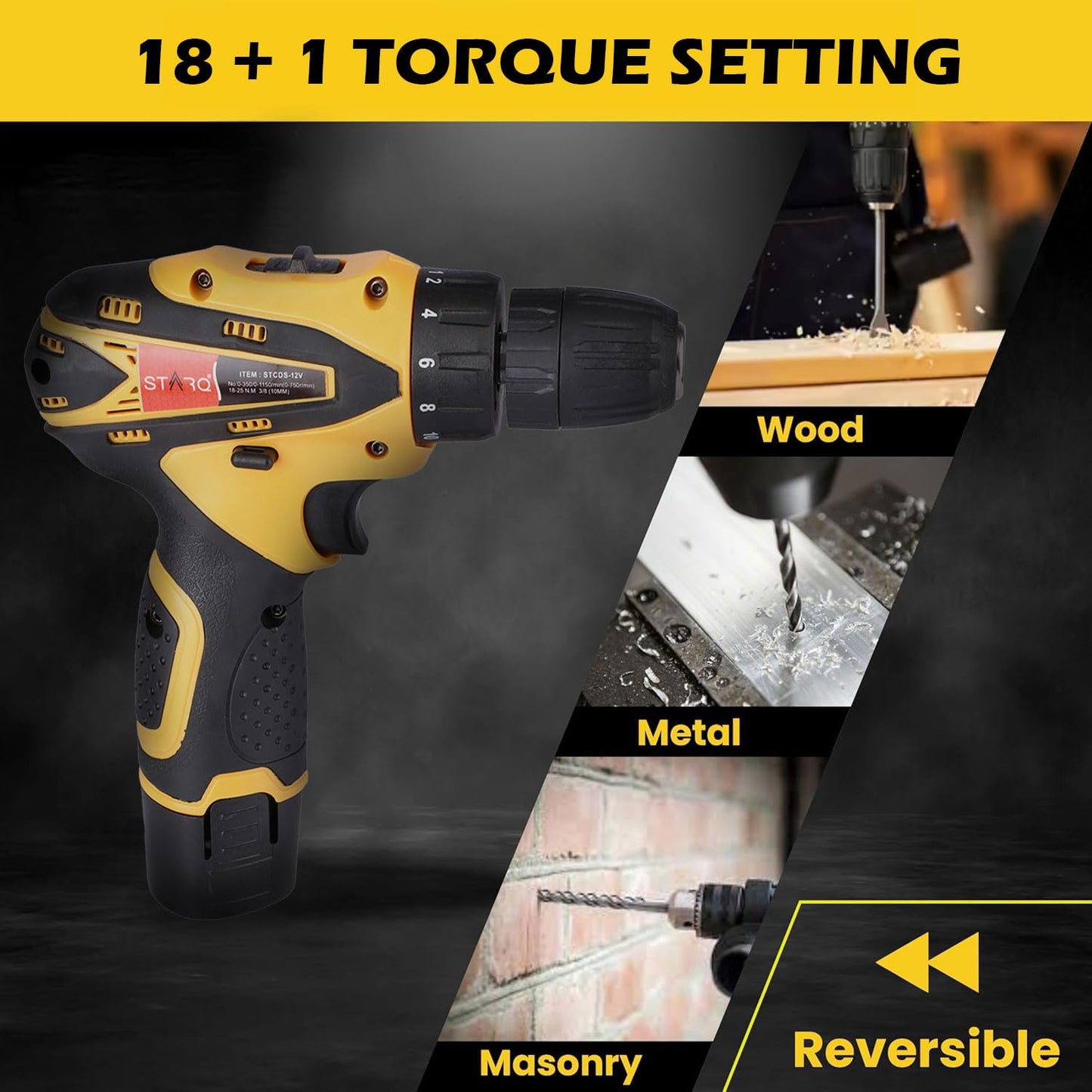 STARQ 12V Cordless Drill Machine Screwdriver Kit with bits 24pc | 10mm Keyless Chuck | 1500 MAH Batteries Torque (18+1) 1500 RPM|Reversible Variable Speed|Accessories in carrying tool kit case, Red