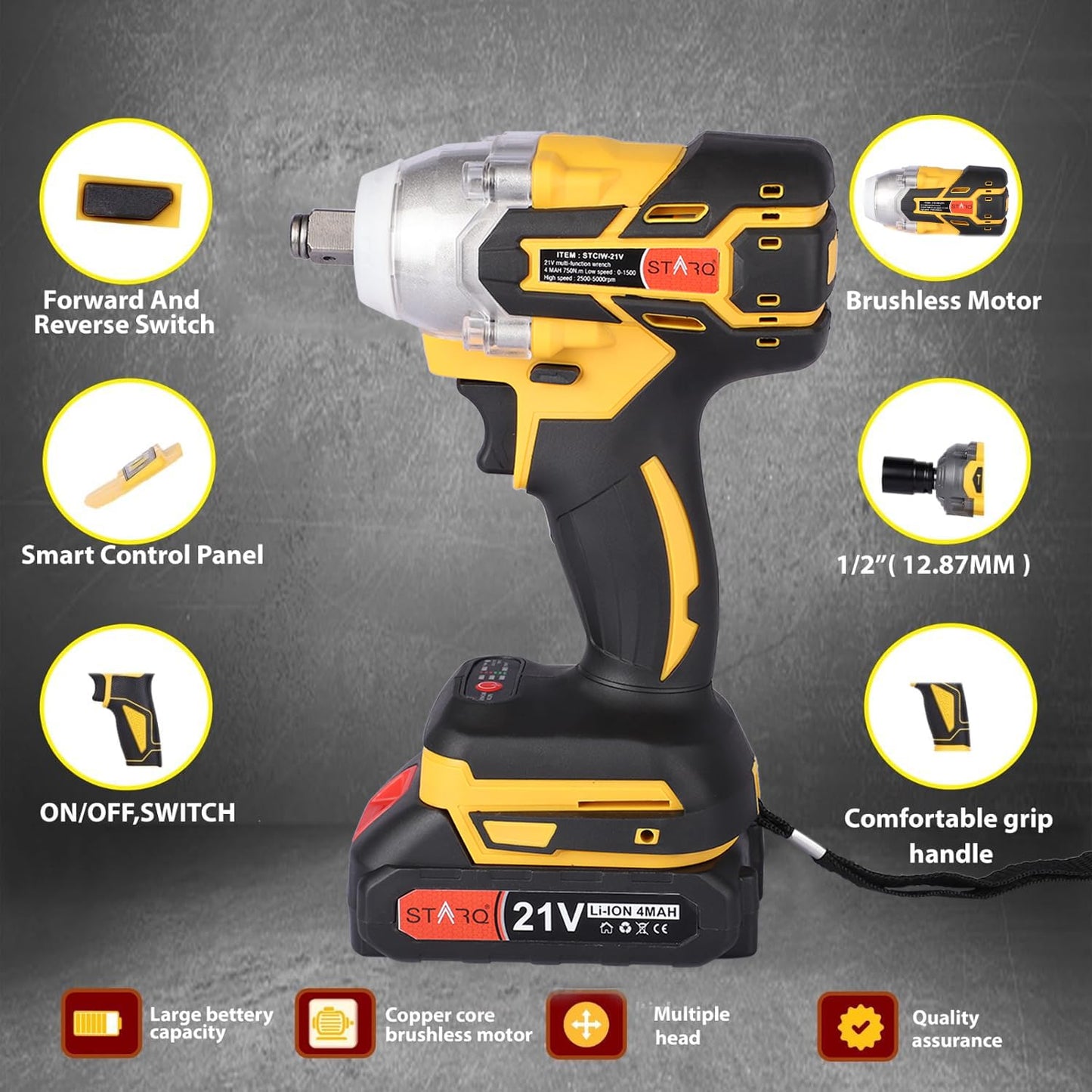 STARQ PRO Series 21V(37V Max) Brushless Double Battery Powerful Cordless Impact Wrench | Impact Driver (Impact Wrench)