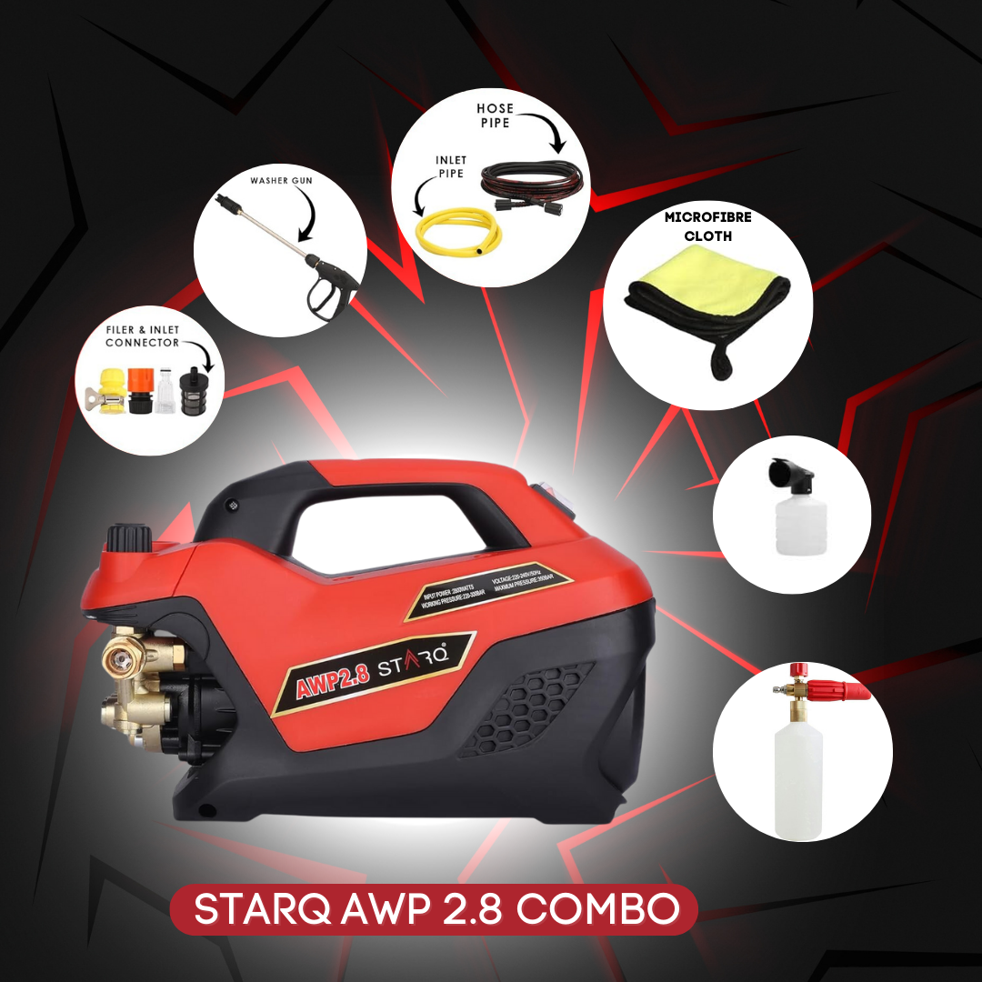 STARQ AWP 2.8 Combo High Pressure Car Washer | 2800W Motor, 350 Bar, 12L/Min Flow, 8M Hose Pipe | Professional 1L Foam Cannon Snow Lance (Red) with Pressure Control Knob