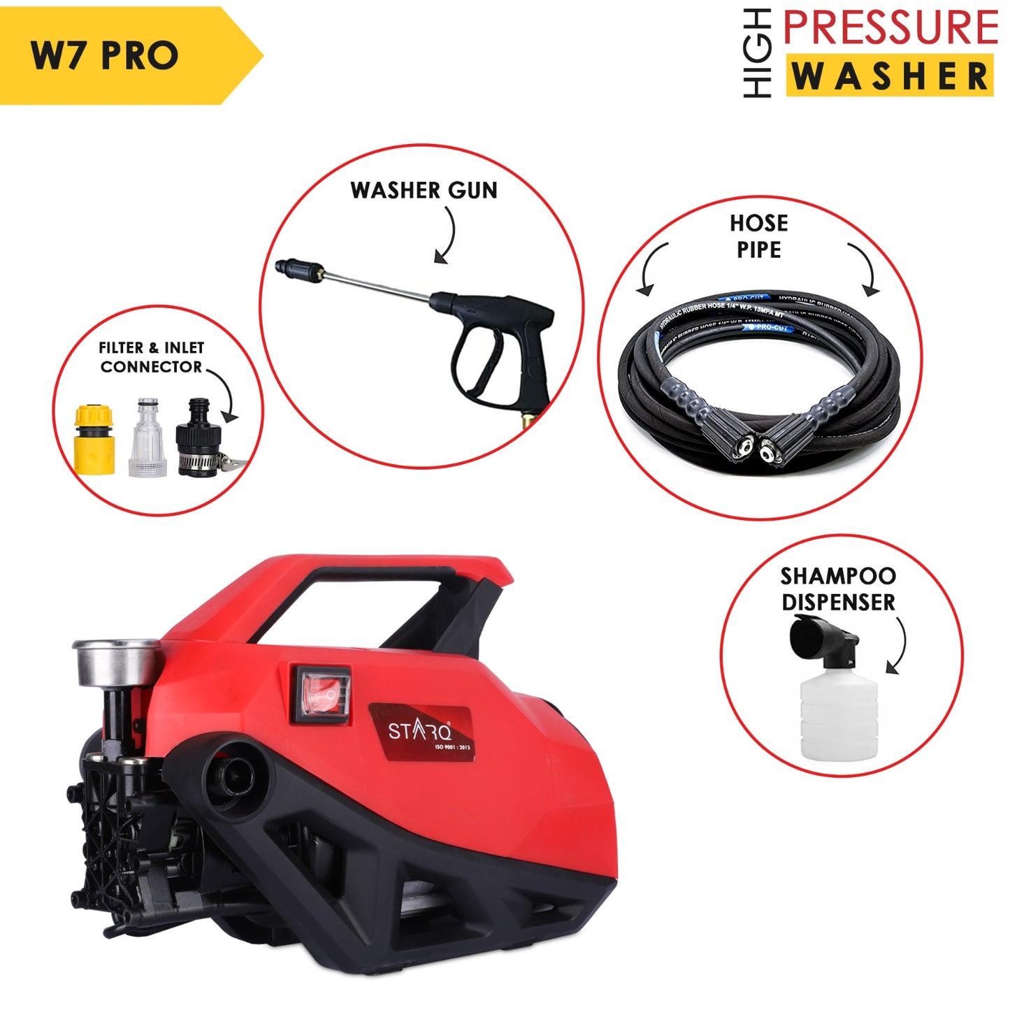 STARQ® W7 2700W | 270 Bar | Heavy Duty High Pressure Washer | Red (Pro)