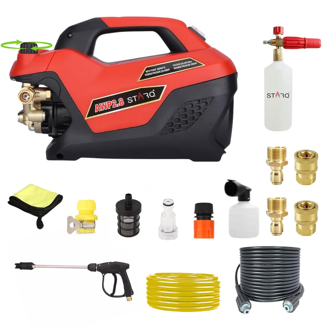 STARQ AWP 2.8 Combo High Pressure Car Washer | 2800W Motor, 350 Bar, 12L/Min Flow, 8M Hose Pipe | Professional 1L Foam Cannon Snow Lance (Red) with Pressure Control Knob
