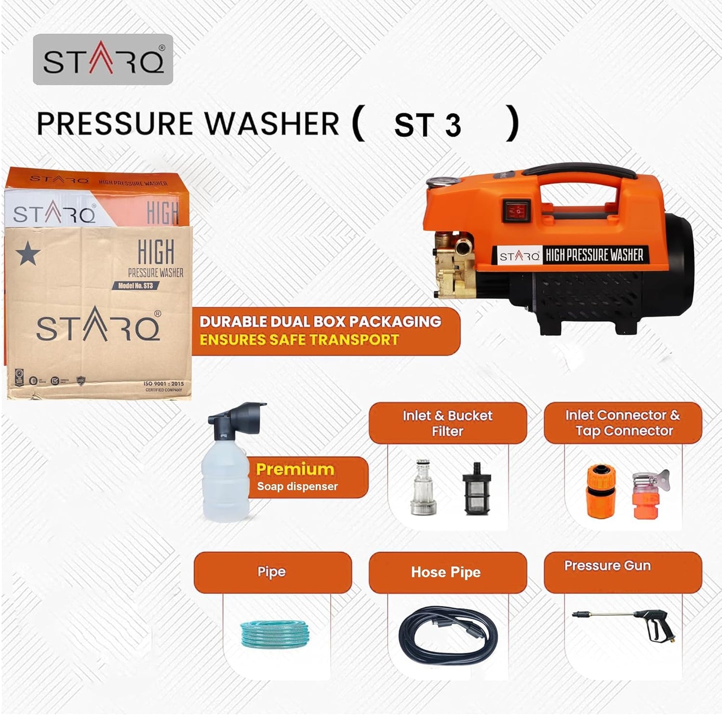 STARQ ST3 1800W Heavy Duty High Pressure Washer 150 Bar, 8L/Min Flow, Brass Coated Pump, Copper Motor Portable Car, Bike, Home, AC & Solar Cleaning Machine with Black Foam Canon (ST3 Combo)