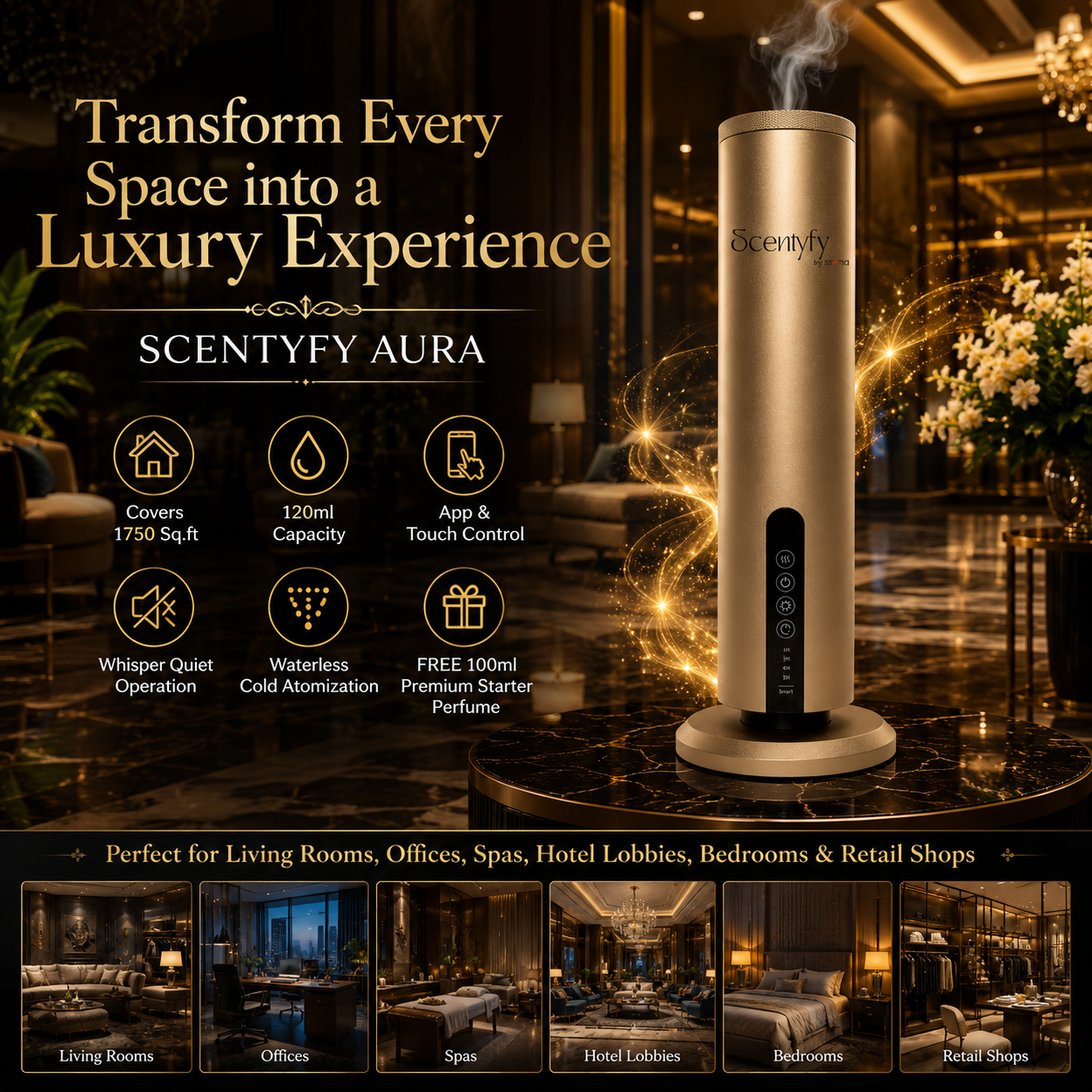 STARQ Aura Luxury Smart Air Scent Diffuser Waterless Aroma Machine Cold Atomization Ultra Quiet No Heat for Office Home Gym & Hotel Includes Complimentary 100ml Starter Pack Perfumes