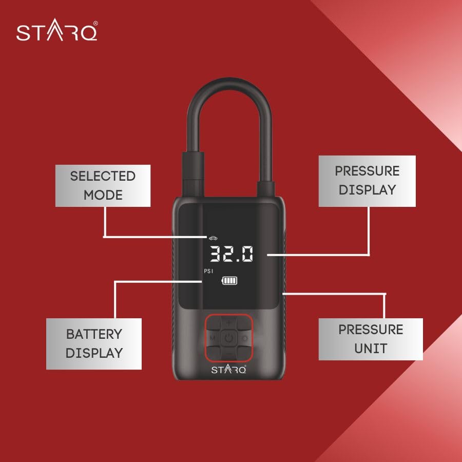 STARQ Inflate Pro Portable/Cordless Tyre Inflator/Air Compressor with Digital Display|4000mAh Battery|for Cars, Motorcycles, Bicycles, Football| Upto 150 Psi| Flash Light|Power Bank (Inflate Pro)