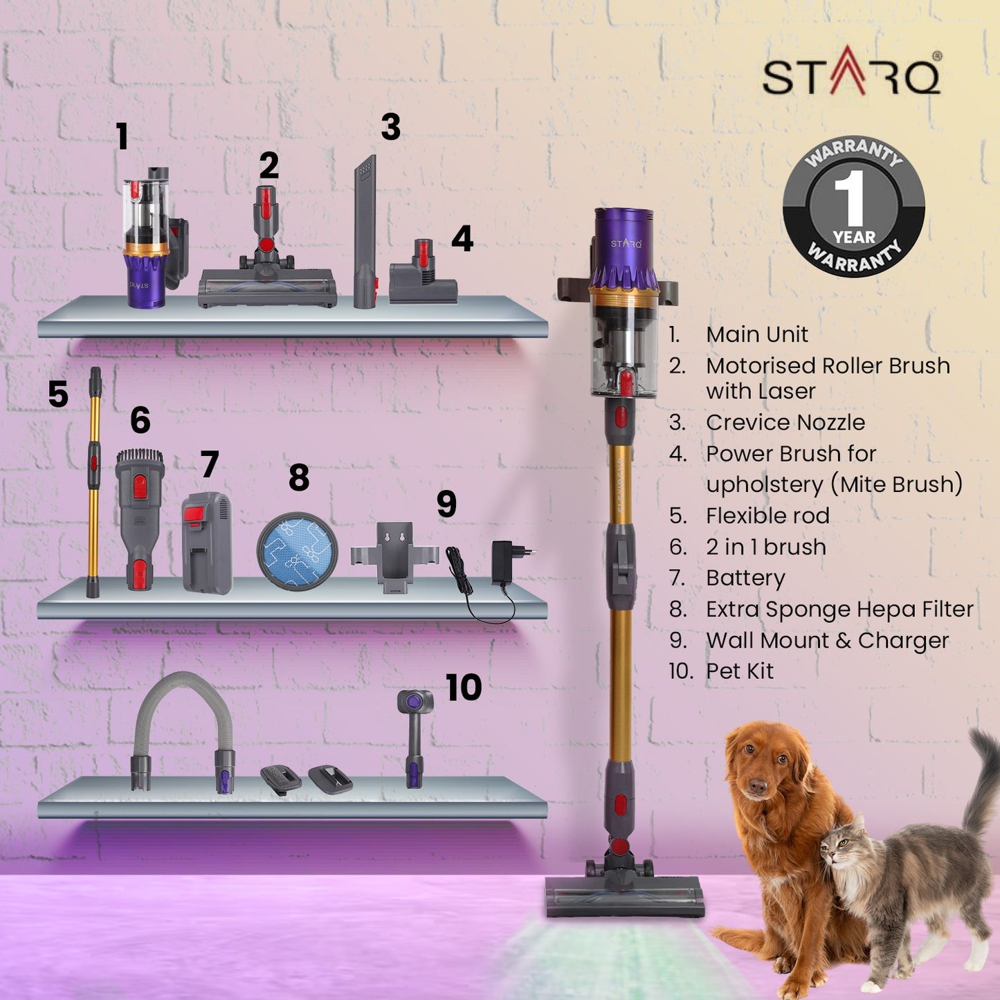 STARQ Flexibend Dry Vacuum Cleaner 2In1 Handheld & Foldable Stick |Touchscreen 400W & 28 kpa Strong Suction | Cordless, Hoseless & Rechargable | Cyclonic suction | Washable HEPA Filter | Laser Guided Brush 60min Runtime Detachable Battery (WITH PET KIT)