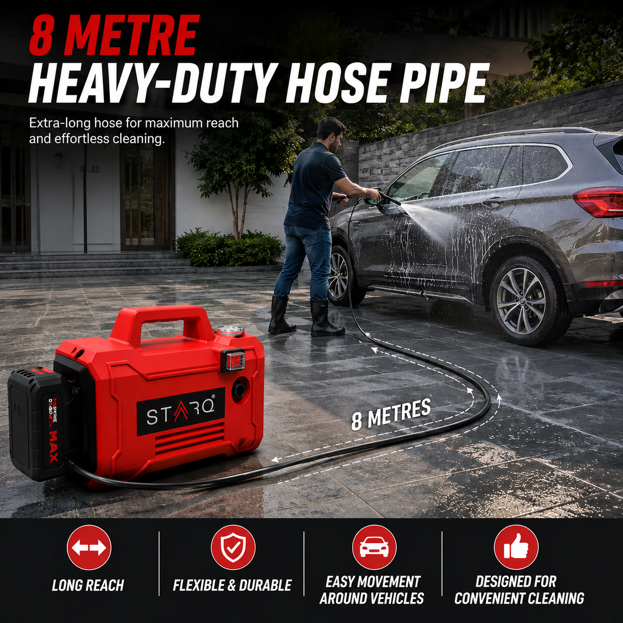 STARQ TurboElite 48V Cordless High Pressure Washer, 1200 Watts, 120 Bar, 8 LPM, with 5000mAh Batteries, 8 Meter Hose Portable Car, Bike, and Home Cleaning (Single Battery Included)