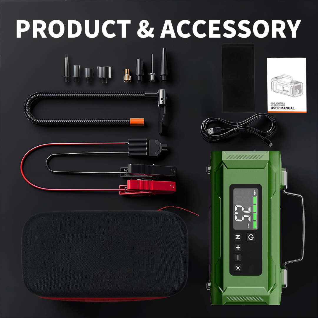 STARQ 7-in-1 Portable Jump Starter with Air Compressor, 15000mAh Battery, 2500A Peak Current, 150PSI Tyre Inflator, LED Emergency Light for Car, Bike & SUV