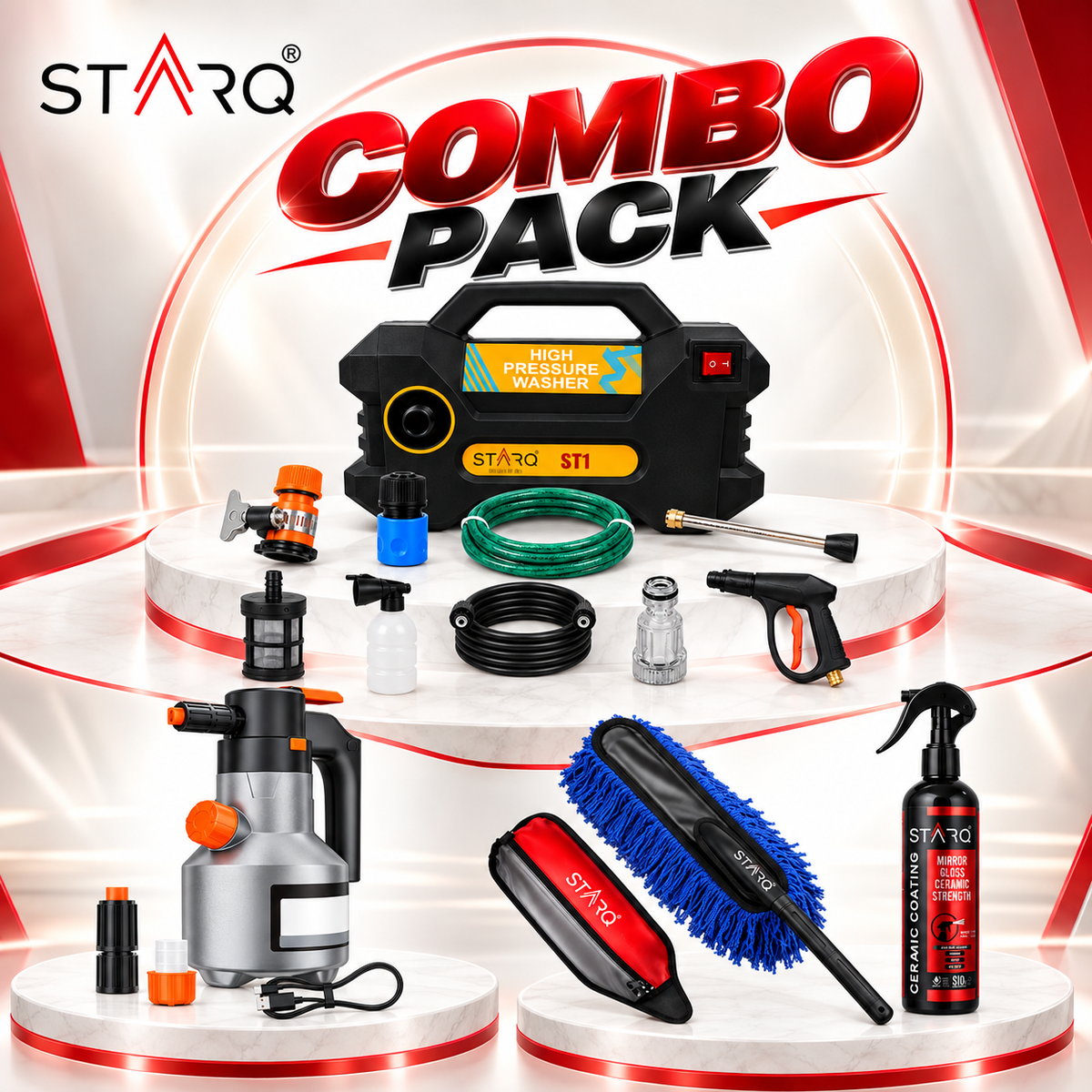 STARQ Complete Car Care Combo with ST1 Pressure Washer, Foam Sprayer, Ceramic Coating & Car Duster