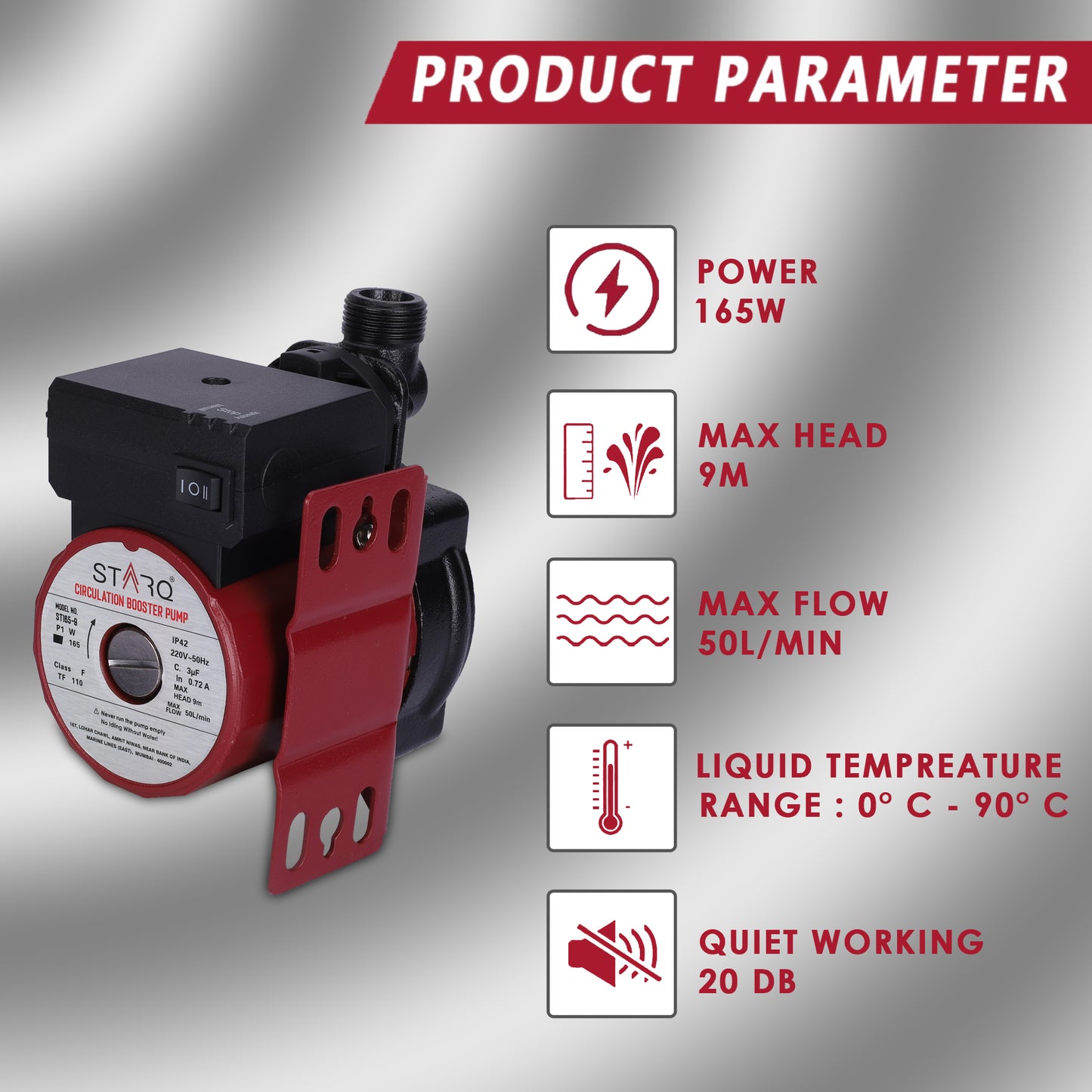 STARQ ST165-9 Inline Automatic Water Pressure Pump With Wall Mounting Bracket (RED)