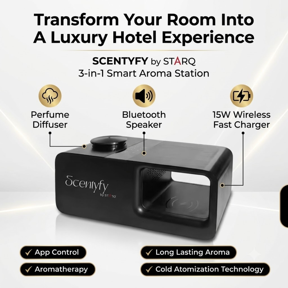 STARQ Trinity 3-in-1 Smart Perfume Diffuser with Bluetooth Speaker & Wireless Charger, Aromatherapy Essential Oil Diffuser, Home, Office & Bedroom Decor