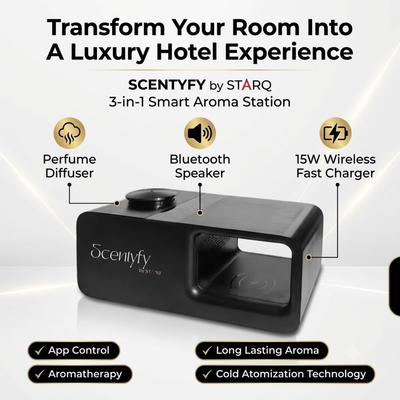 STARQ Trinity 3-in-1 Smart Perfume Diffuser with Bluetooth Speaker & Wireless Charger, Aromatherapy Essential Oil Diffuser, Home, Office & Bedroom Decor