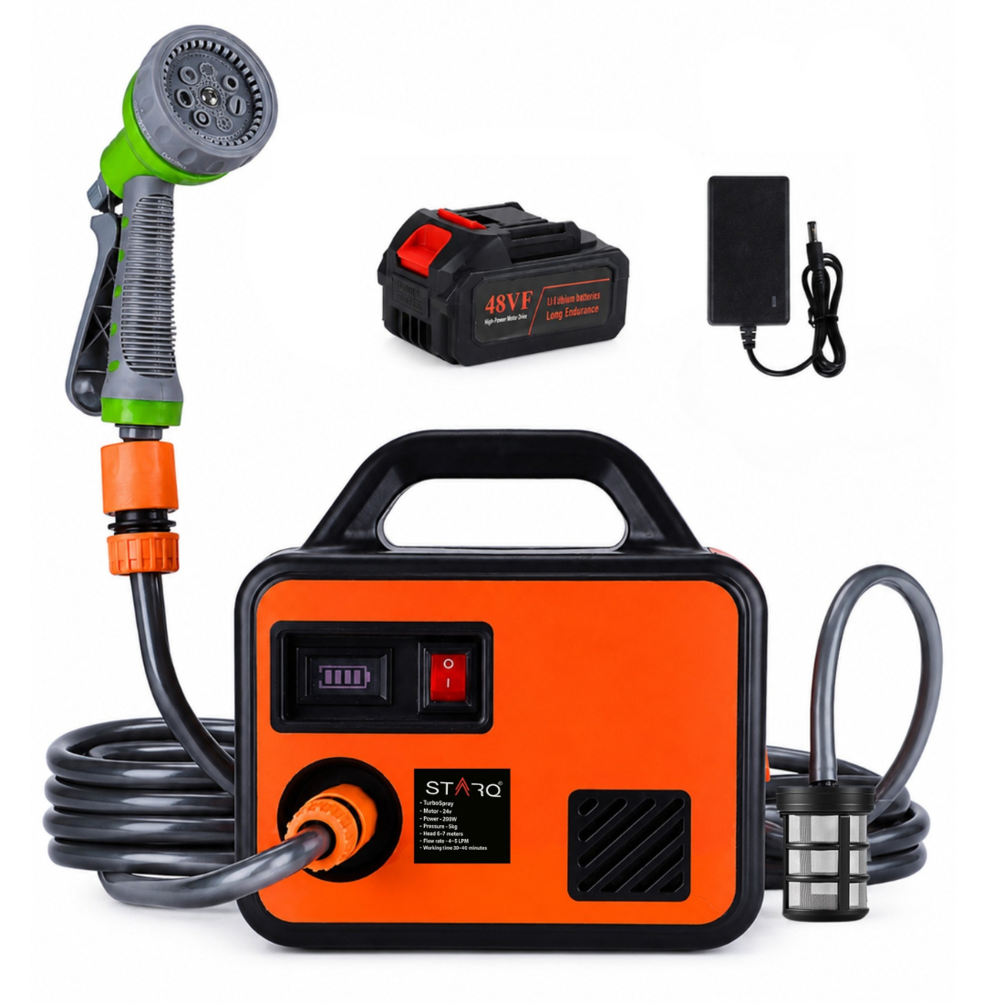 STARQ Cordless Water Pump 200W 6000mAh Battery Self Priming Portable Water Transfer Pump with Spray Gun for Car Bike Garden and Home Use