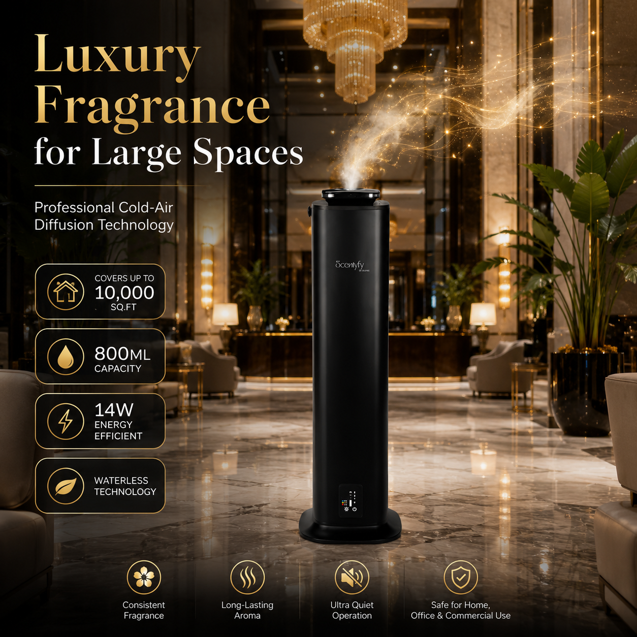 STARQ Lux Tower Luxury Smart Air Scent Diffuser Waterless Aroma Machine App Control Cold Atomization Ultra Quiet No Heat for Home & Office Includes Complimentary 300ml Starter Perfume